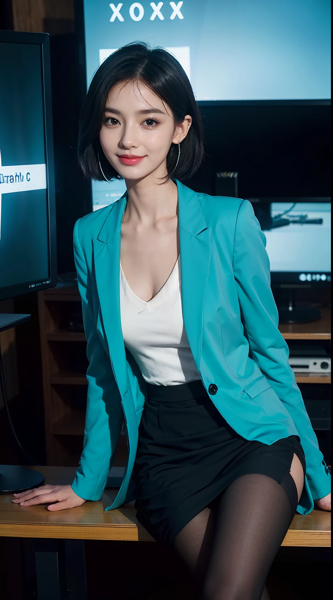 ((8K,masterpiece,best quality)),TV programs, news programs, presenters in the host broadcast news, broadcast halls, (sitting upright on the chair behind a table),(The table is in front of the girl),instruments and equipment on site,(a large screen),microphone on the table,A girl,solo,Extremely detailed facial details,(shoulder-length straight black bob hair:1.2),small head,small face,detailed watery eyes,pale skin,clear face,Wearing earphone in one ear,smile,happy,(random blazer and skirt set),huge breasts,towering chest,slim,thin,(slender legs),pantyhose,Broadcasting in progress,upper body,(from front:1.5),Bright spotlight,Clavicle, cleavage
