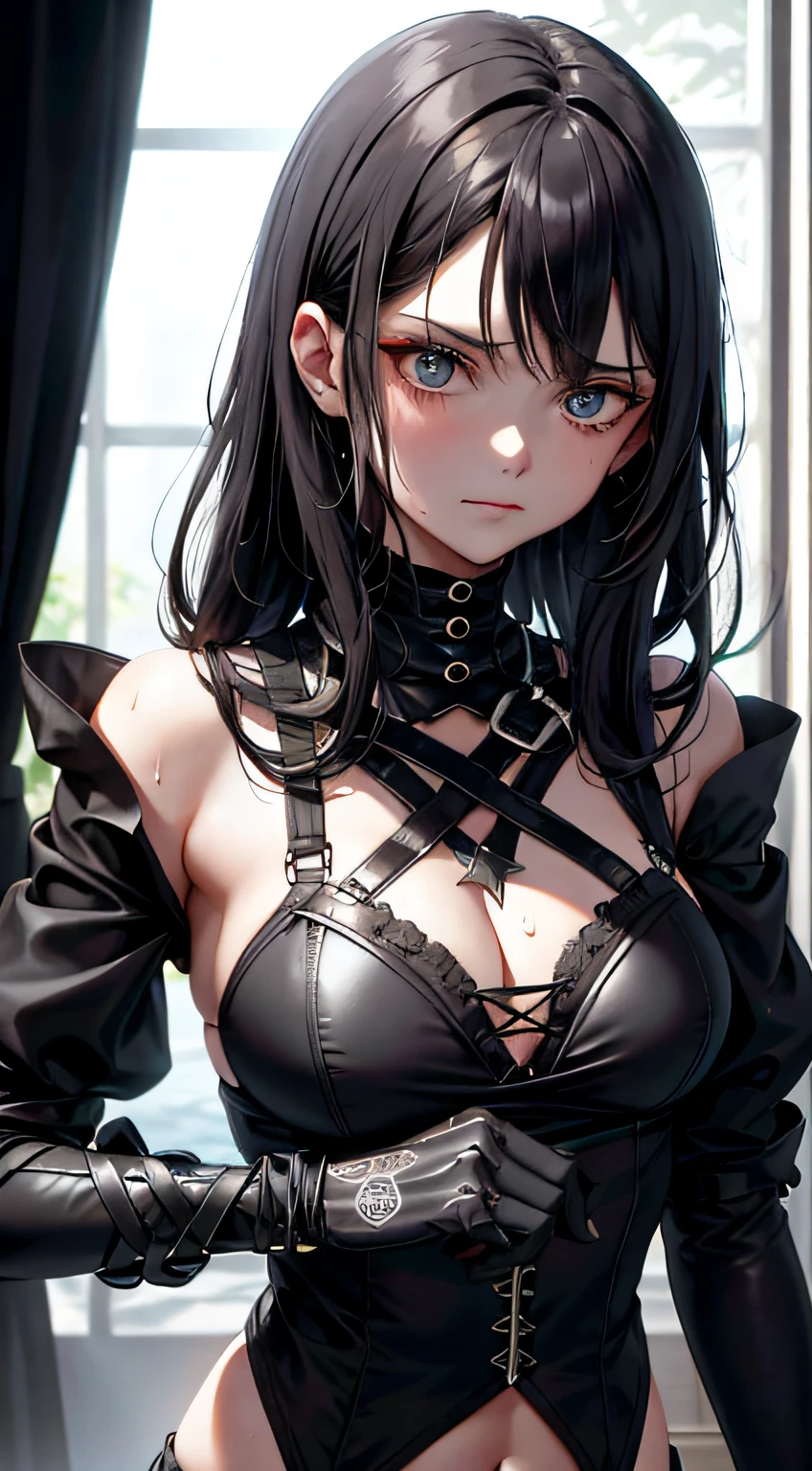 gothic girl,Lege dich auf den Boden,Bandagenbindung aus Metall,Mechanisches Bikini-Bondage,Festgezogen,Es gibt viel Seil, Es hing eine Menge Seil aus dem Raum,Riesige Laserkanone, Voller Seilnetze,Schau auf mich hoch, auf den knien,Beads of sweat,Offensive remarks,bettelnder Ausdruck, schwarzes haar, nass