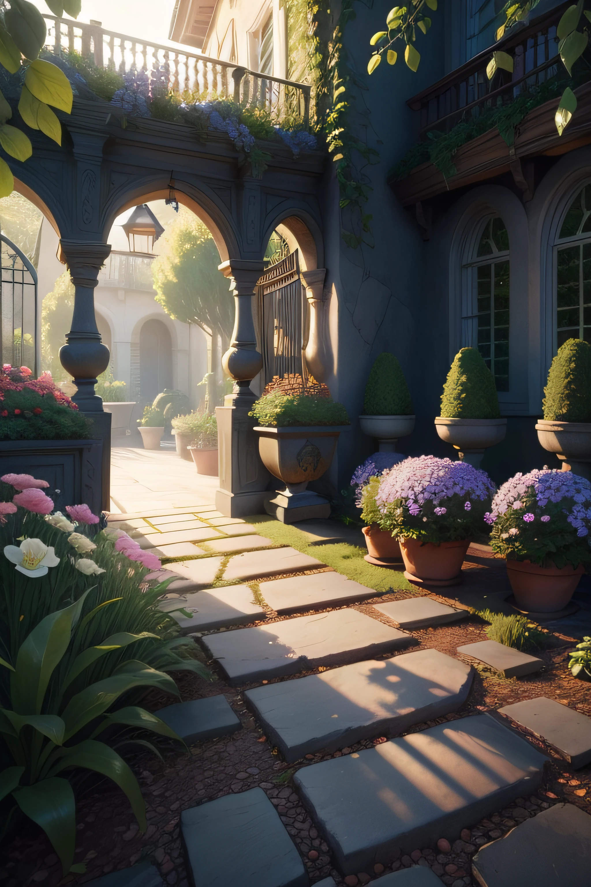 enchanted garden, ultra realistic, with flowers in pots and plants