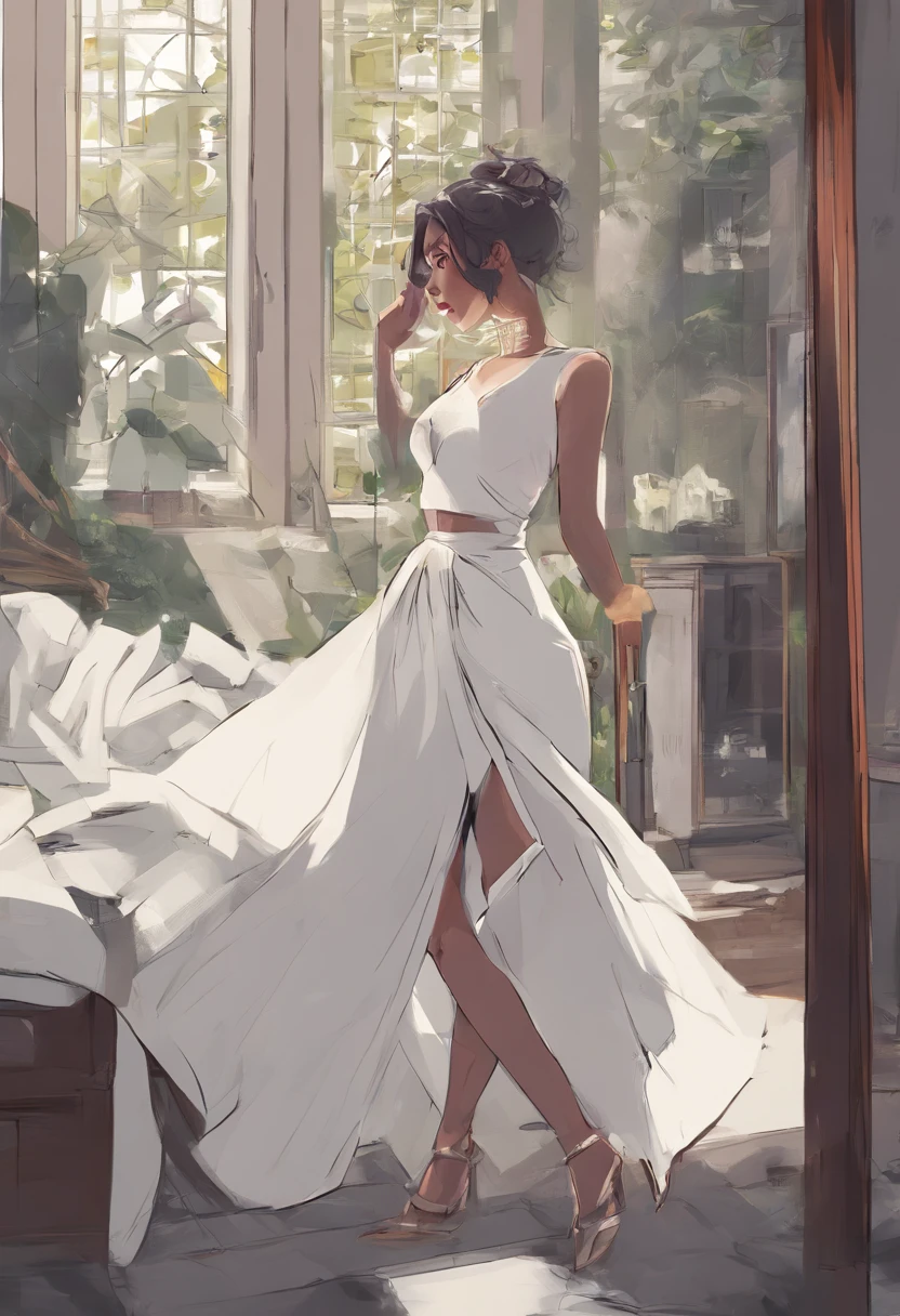 arafed woman in a white dress taking a selfie in a mirror, a black and white photo inspired by Ion Andreescu, instagram, tachisme, white skirt and barechest, wearing a tanktop and skirt, wearing white skirt, white skirt, back and white, white miniskirt, leaked photo, her wardrobe is attractive