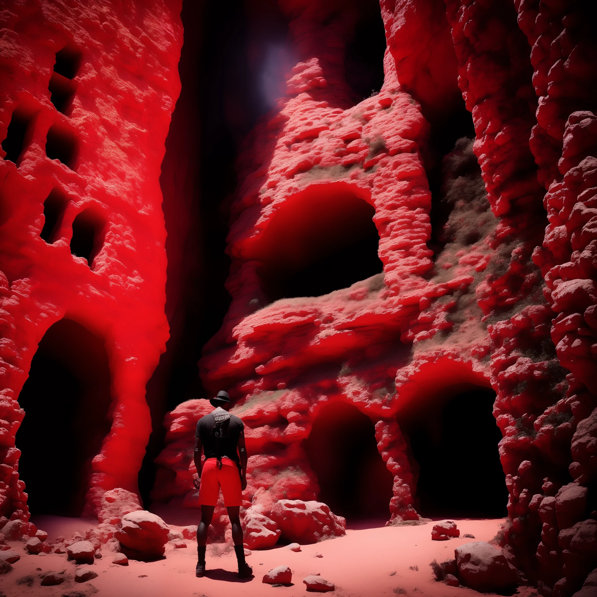 Cavaleiro na caverna, vermelho e preto, sombra gigantesca, psychedelic film