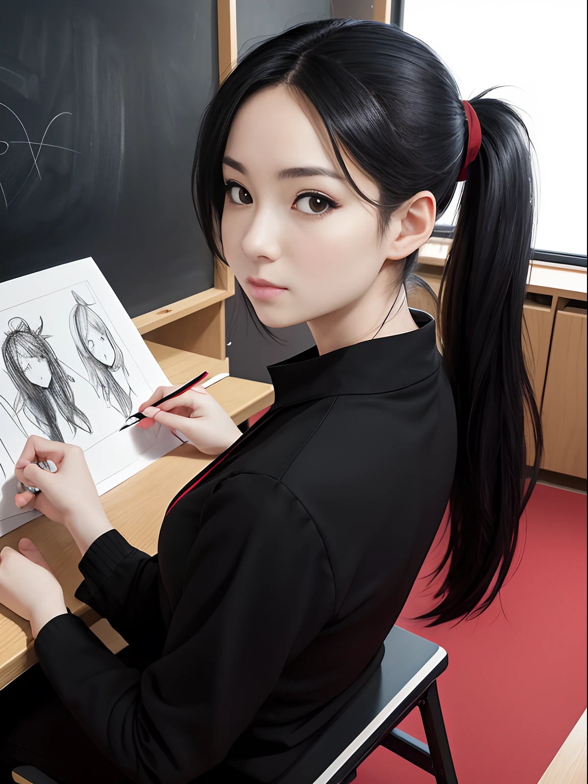 Anime style image, a 25 years old female teacher, teaching in class about drawing, looking at camera, friendly and beautiful appearance, pale skin, long ponytail black hair, red and black outfit, tables and chalkboard with drawings background, chiaroscuro lighting, hyper realistic, high detail, cinematic--style raw