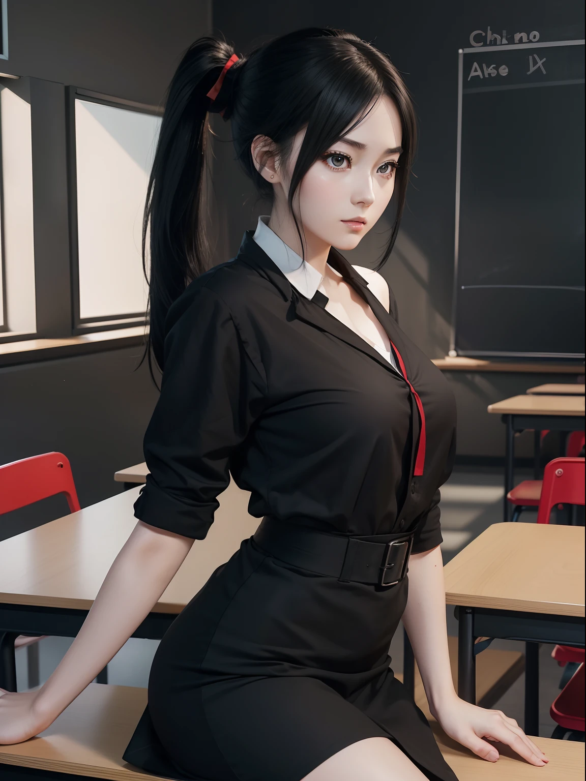 Anime style image, a 25 years old woman as a teacher, teaching in kindergarten class about drawing, looking at camera, friendly and beautiful appearance, pale skin, long ponytail black hair, red and black outfit, tables and chalkboard with drawings background, chiaroscuro lighting, hyper realistic, high detail, cinematic--style raw