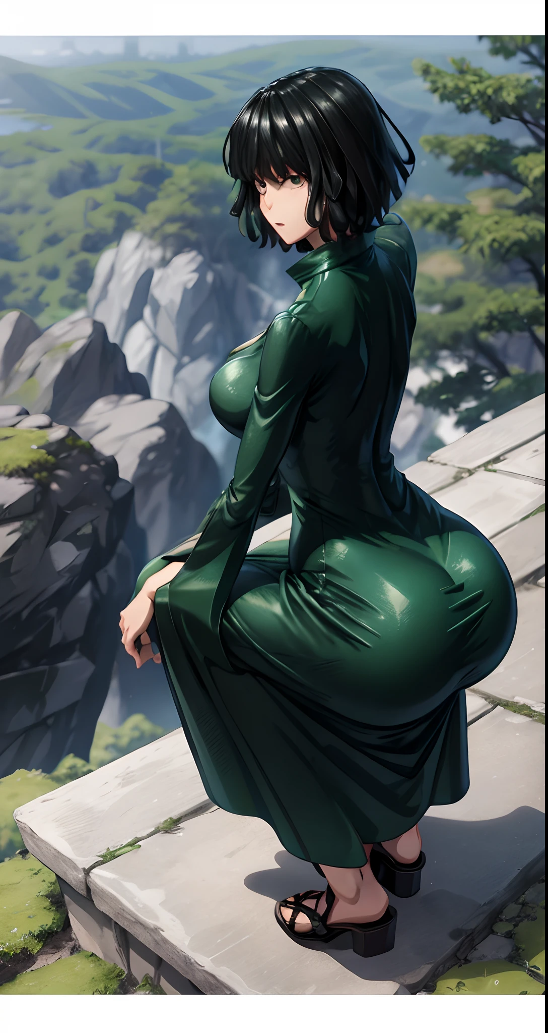 a woman in a green dress sitting on a ledge, tatsumaki from one punch man, beautiful anime girl squatting, fubuki, thicc, she wears a dark green dress, tatsumaki, looking from behind, back pose, full growth from the back, in full growth from the back, seductive anime girl, anime woman