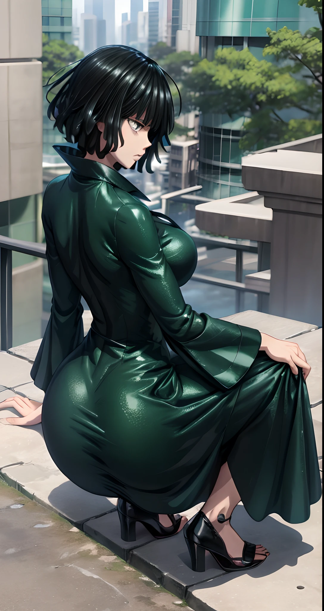 a woman in a green dress sitting on a ledge, tatsumaki from one punch man, beautiful anime girl squatting, fubuki, thicc, she wears a dark green dress, tatsumaki, looking from behind, back pose, full growth from the back, in full growth from the back, seductive anime girl, anime woman