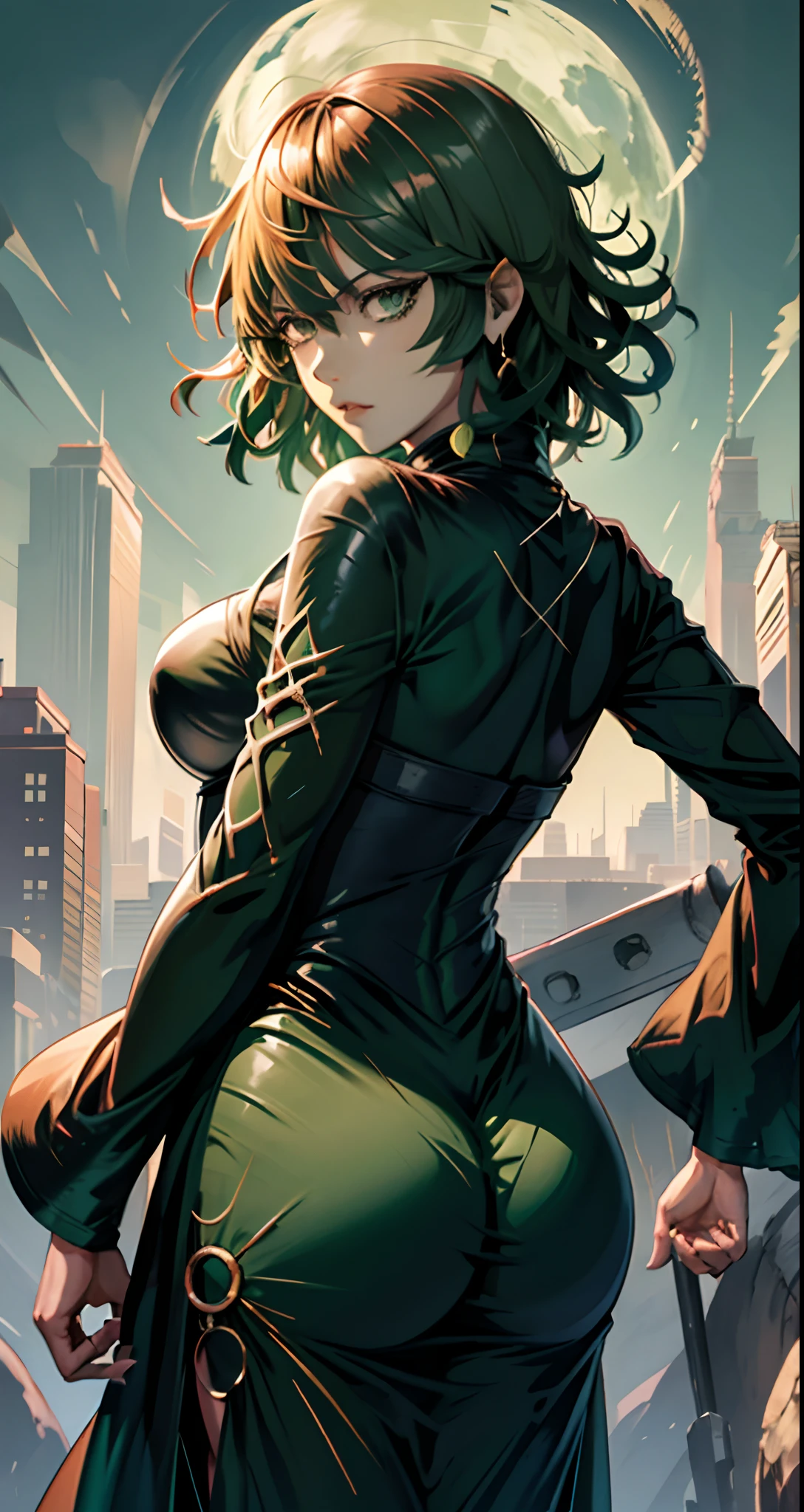 Una mujer con un vestido verde sentada en una repisa, Tatsumaki de One Punch Man, Hermosa chica de anime en cuclillas, Fubuki, Thicc, Ella lleva un vestido verde oscuro, Tatsumaki, peeping from behind, Postura de la espalda, Full growth from behind, Growing from behind, seductora chica de anime, Anime woman