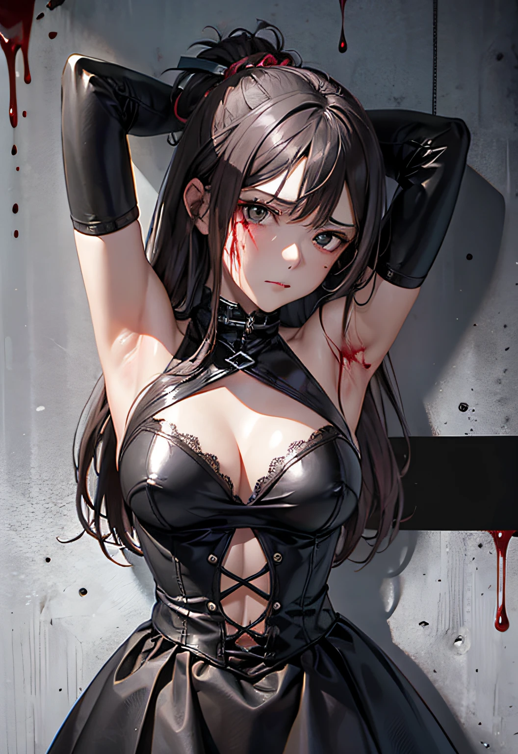 bdsm, schwarzes haar, Tormenting expression, peitschenhiebe auf der haut, Blood on the body, weiche haut, weinend, nass, feucht, weinend, vergewaltigt, zerissende kleidung, bettelnt, dunkel, bdsm, festgekettet