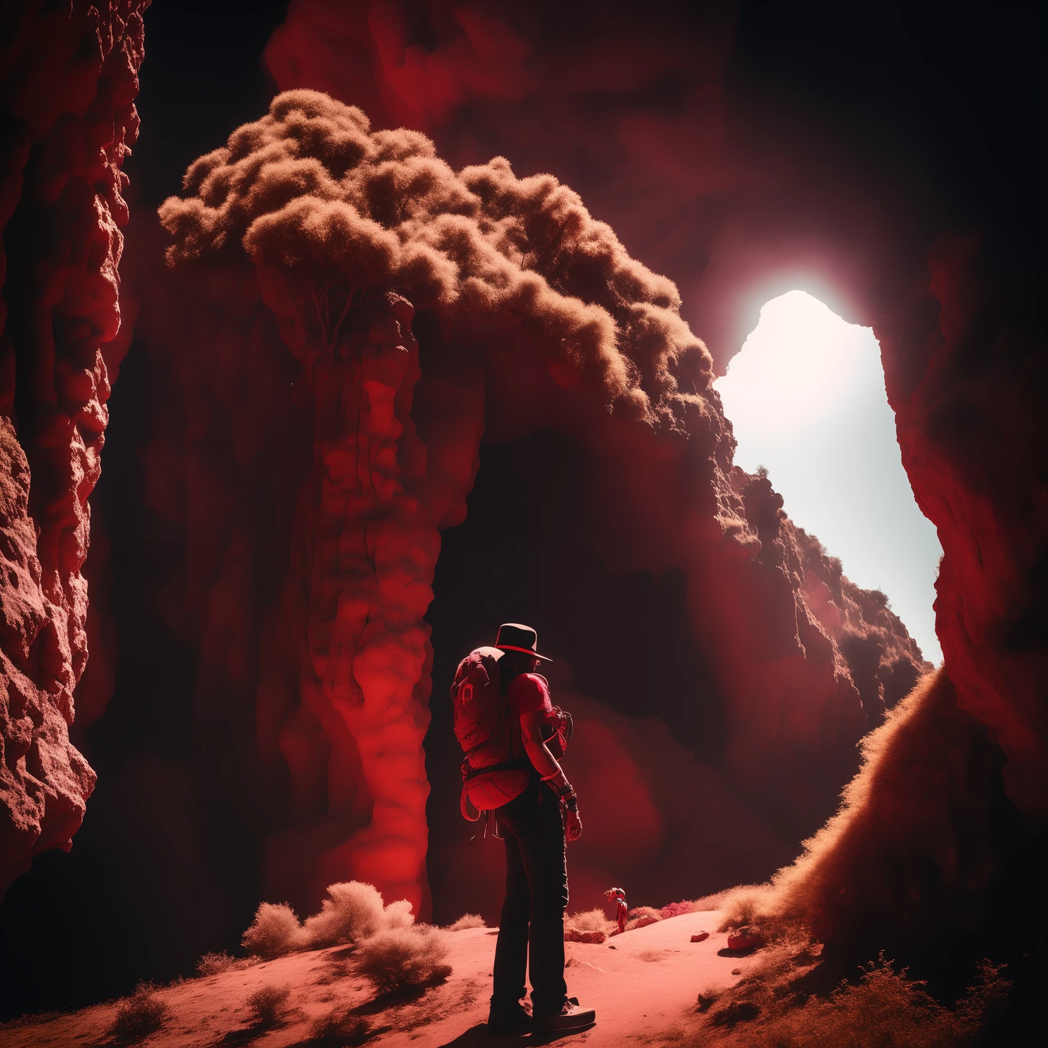 Cavaleiro na caverna, vermelho e preto, sombra gigantesca, psychedelic film
