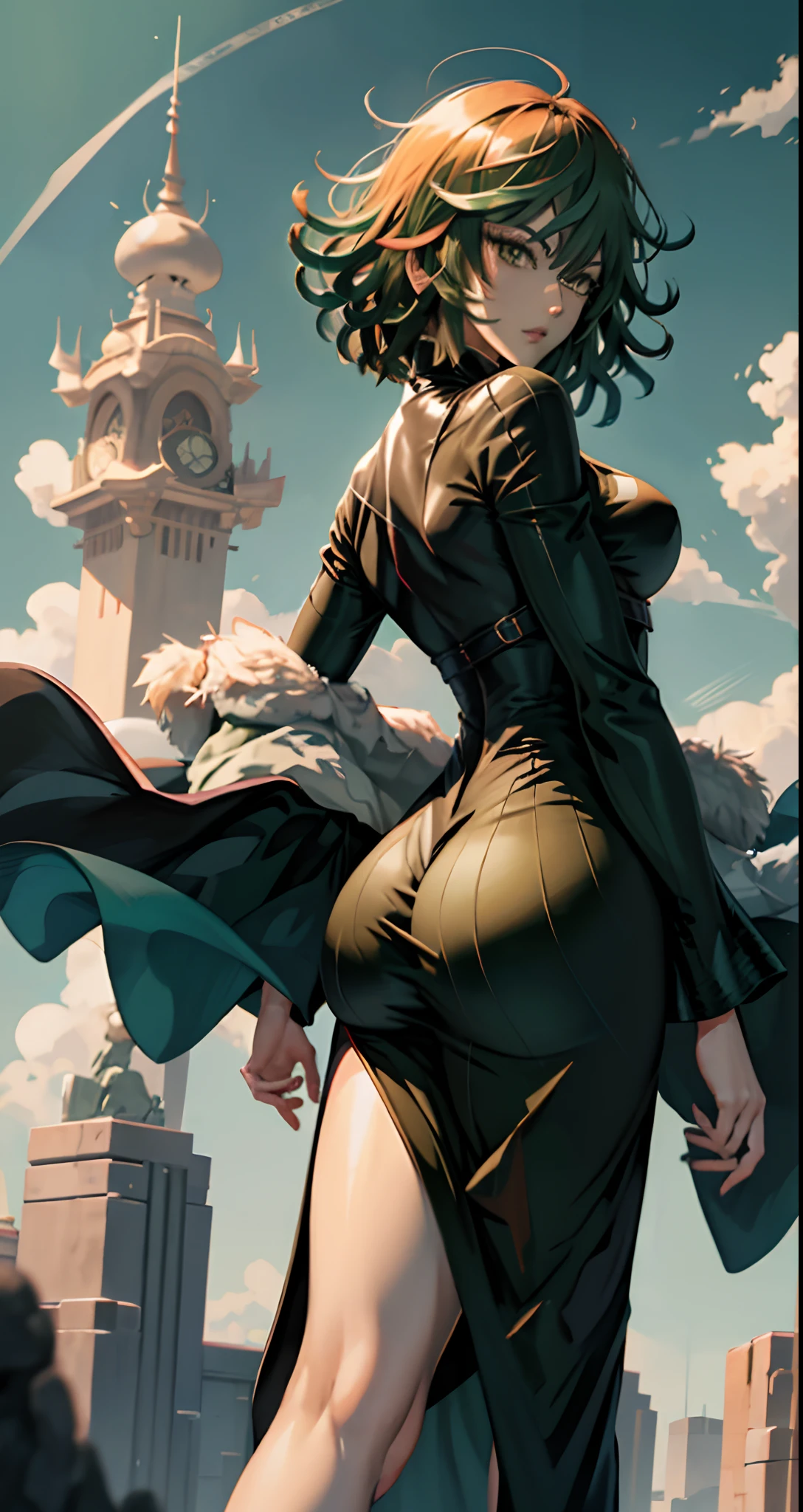 Una mujer con un vestido verde sentada en una repisa, Tatsumaki de One Punch Man, Hermosa chica de anime en cuclillas, Fubuki, Thicc, Ella lleva un vestido verde oscuro, Tatsumaki, peeping from behind, Postura de la espalda, Full growth from behind, Growing from behind, seductora chica de anime, Anime woman