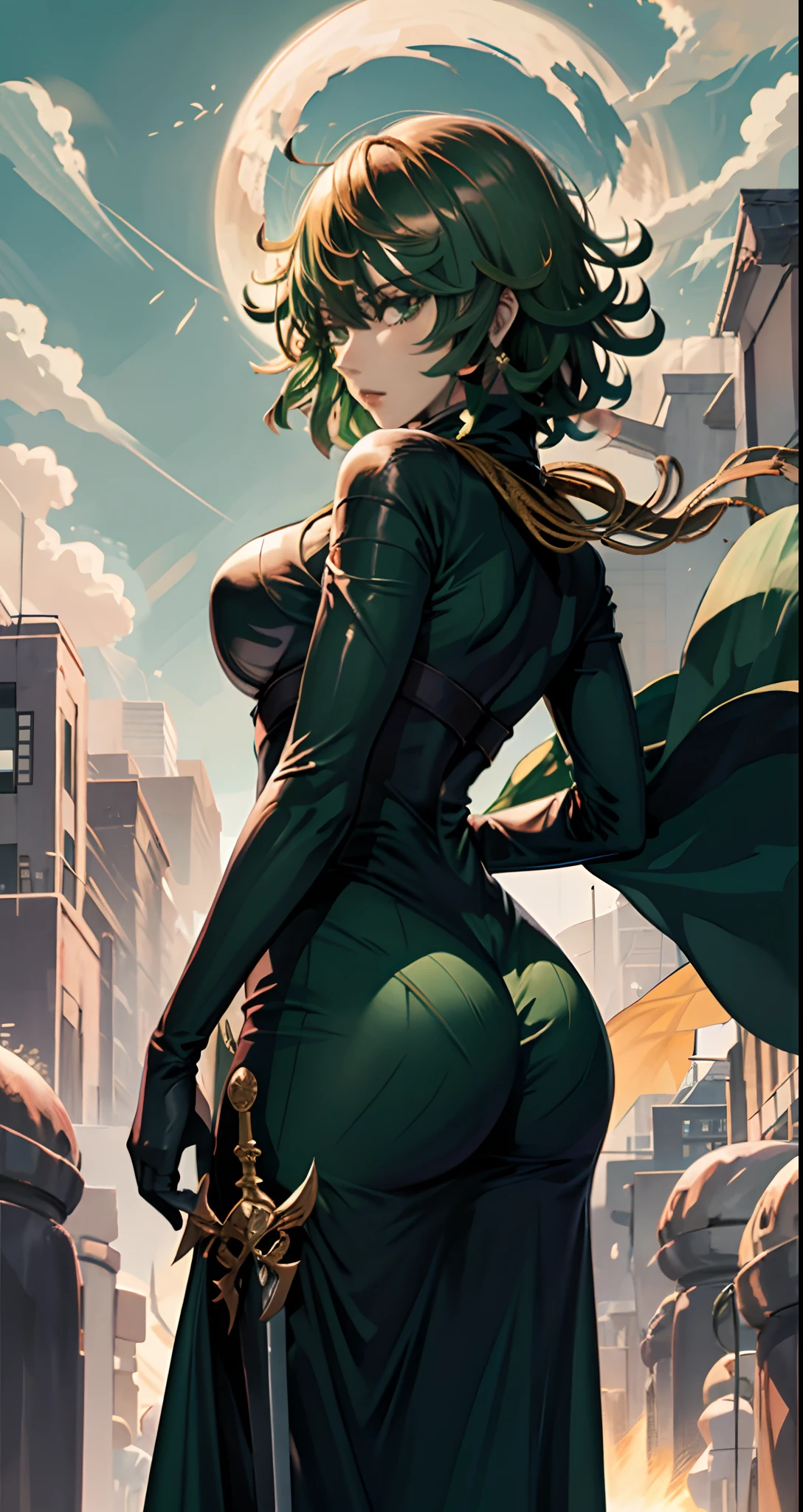 Una mujer con un vestido verde sentada en una repisa, Tatsumaki de One Punch Man, Hermosa chica de anime en cuclillas, Fubuki, Thicc, Ella lleva un vestido verde oscuro, Tatsumaki, peeping from behind, Postura de la espalda, Full growth from behind, Growing from behind, seductora chica de anime, Anime woman