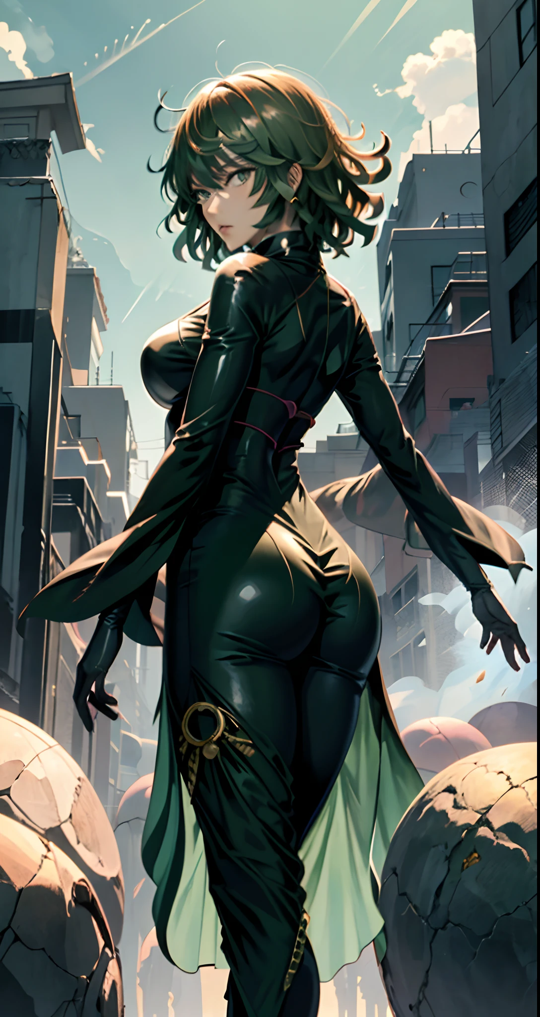 Una mujer con un vestido verde sentada en una repisa, Tatsumaki de One Punch Man, Hermosa chica de anime en cuclillas, Fubuki, Thicc, Ella lleva un vestido verde oscuro, Tatsumaki, peeping from behind, Postura de la espalda, Full growth from behind, Growing from behind, seductora chica de anime, Anime woman
