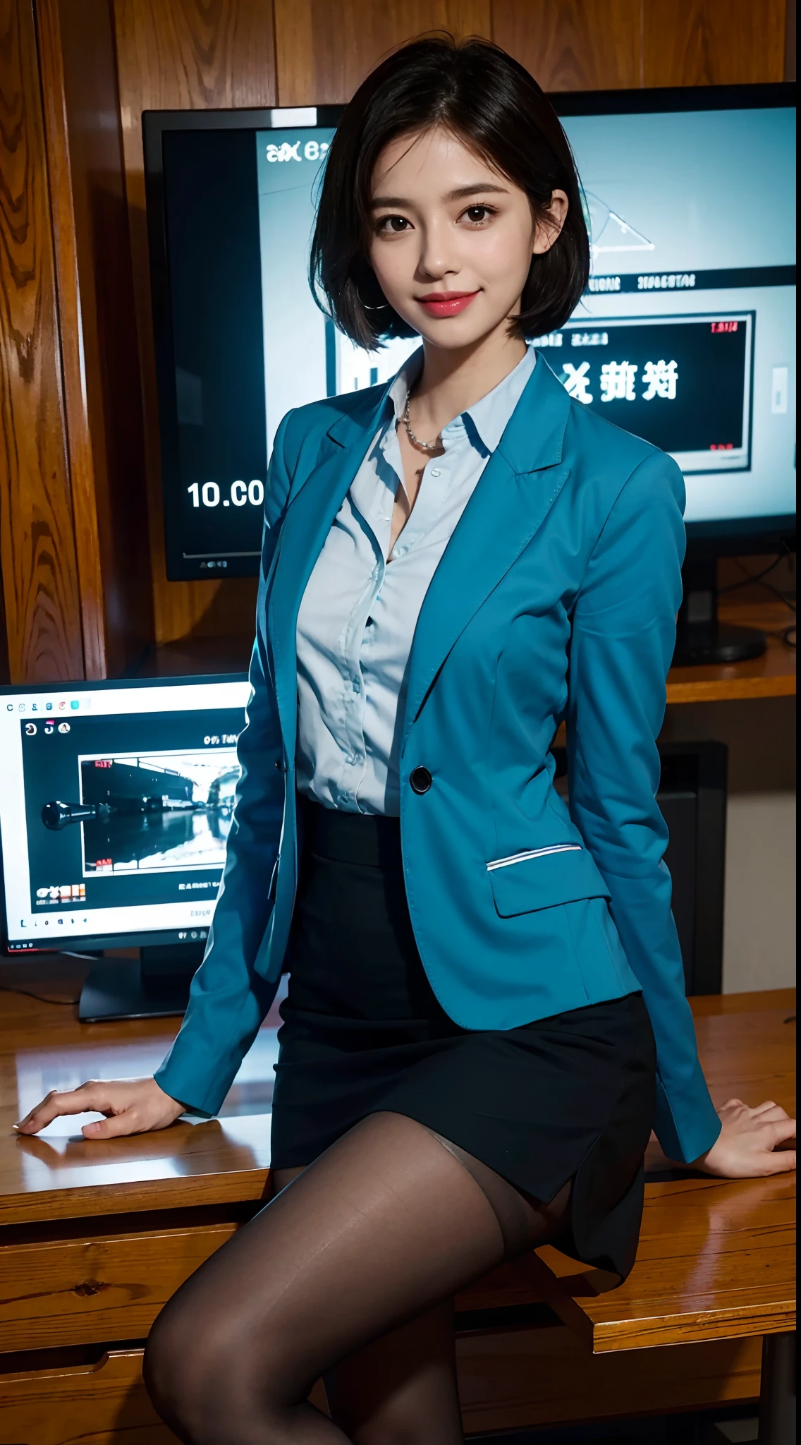 8K,masterpiece,best quality,TV programs, news programs, presenters in the host broadcast news, broadcast halls, sitting upright on the chair behind the table,The table is in front of the girl,There are instruments and equipment on site, large screen,microphone on the table,A girl,Extremely detailed facial details,shoulder length black straight short hair, Wearing earphone in one ear,smile,happy,lake blue blazer and skirt set,shirt,small breasts,slim, thin,Black stockings, high heels,close shot,Broadcasting in progress,Holding the manuscript in hand,cowboy shot,Directly facing the camera,front front,upper body