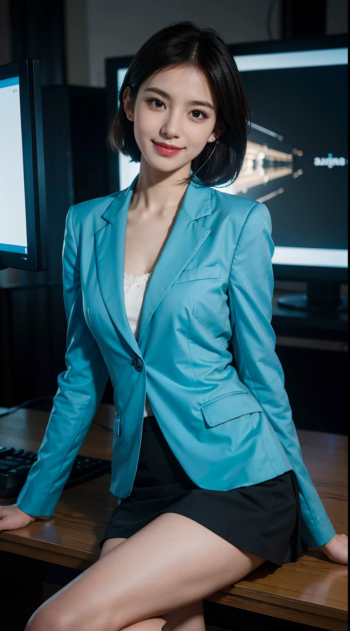 8K,masterpiece,best quality,TV programs, news programs, presenters in the host broadcast news, broadcast halls, sitting upright on the chair behind the table,The table is in front of the girl,There are instruments and equipment on site, large screen,microphone on the table,A girl,Extremely detailed facial details,shoulder length black straight short hair, Wearing earphone in one ear,smile,happy,lake blue blazer and skirt set,shirt,small breasts,slim, thin,Black stockings, high heels,close shot,Broadcasting in progress,Holding the manuscript in hand,cowboy shot,Directly facing the camera,front front,upper body