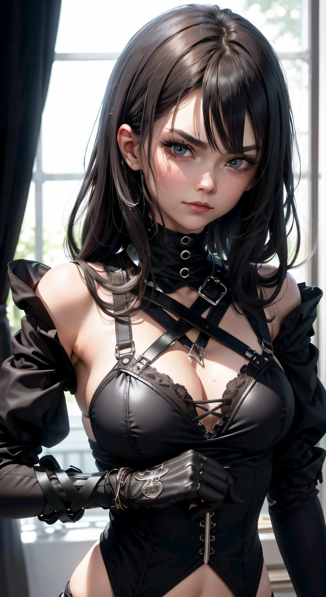 gothic girl,Lege dich auf den Boden,Bandagenbindung aus Metall,Mechanisches Bikini-Bondage,Festgezogen,Es gibt viel Seil, Es hing eine Menge Seil aus dem Raum,Riesige Laserkanone, Voller Seilnetze,Schau auf mich hoch, auf den knien,Beads of sweat,Offensive remarks,bettelnder Ausdruck, schwarzes haar, nass
