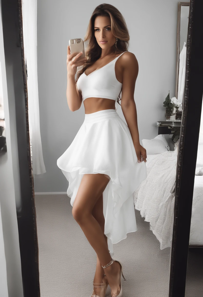 arafed woman in a white dress taking a selfie in a mirror, white skirt and barechest, wearing a tanktop and skirt, wearing white skirt, white skirt, back and white, white miniskirt, leaked photo, her wardrobe is attractive, her belly button is exposed, standing in front of a mirror, mirror selfie, in black and white, outfit photo