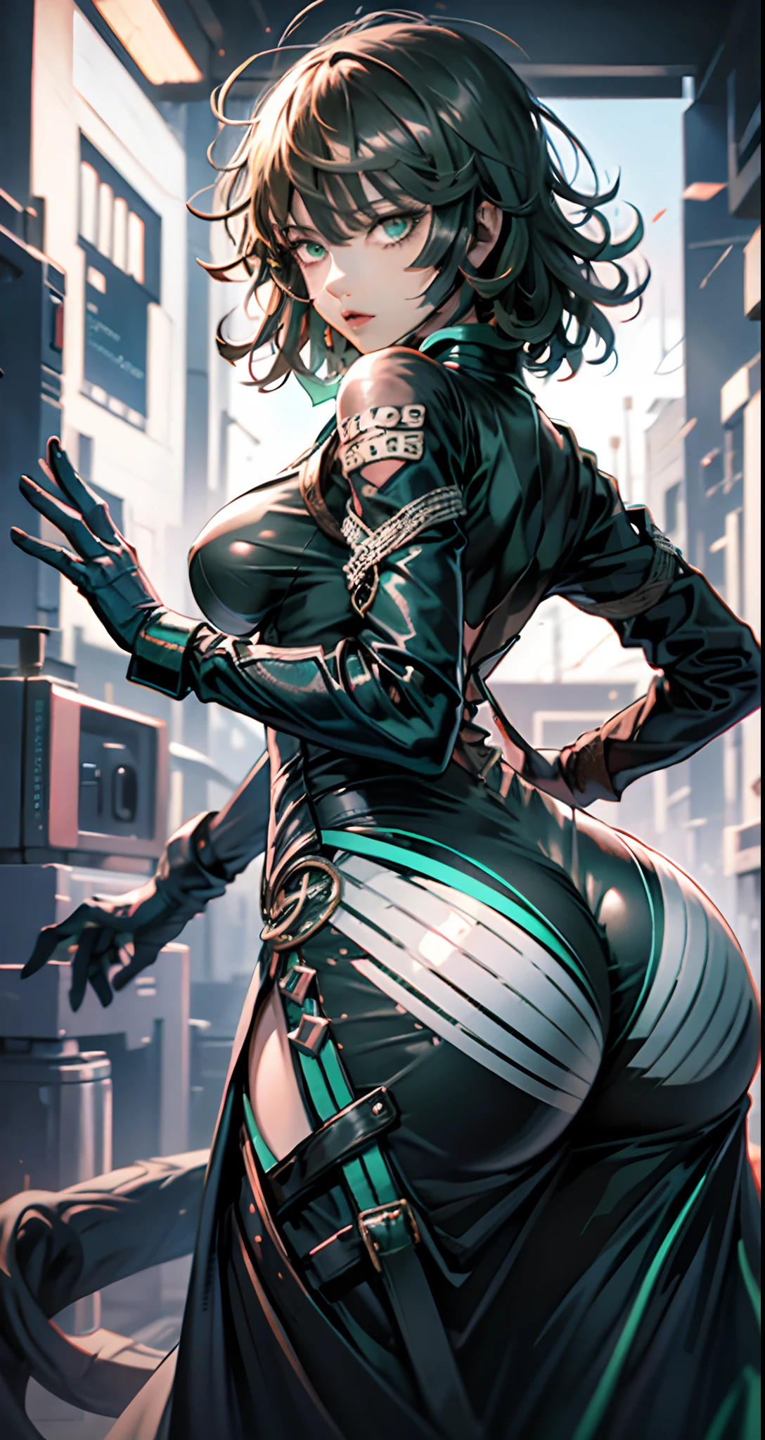 Una mujer con un vestido verde sentada en una repisa, Tatsumaki de One Punch Man, Hermosa chica de anime en cuclillas, Fubuki, Thicc, Ella lleva un vestido verde oscuro, Tatsumaki, peeping from behind, Postura de la espalda, Full growth from behind, Growing from behind, seductora chica de anime, Anime woman