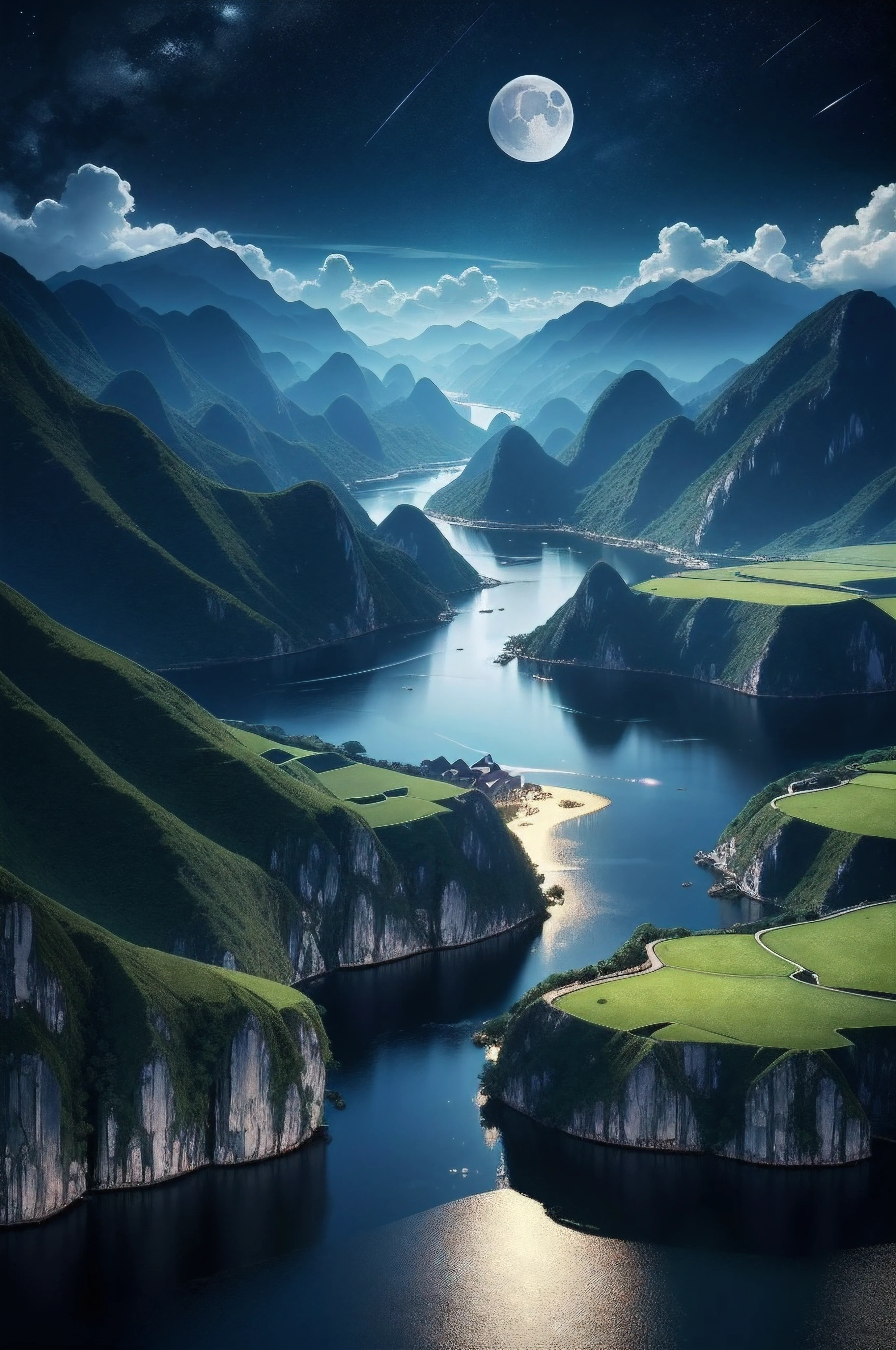 night scene with some house asian, vietnam, viet nam, ha giang, moon, lake in the foreground, calm night, green and blue, digital illustration, 4k highly detailed digital art, night scenery, anime art wallpaper 4k, anime art wallpaper 4 k, 4k detailed digital art, nighttime nature landscape, anime art wallpaper 8 k, background artwork, beautiful art uhd 4 k, 4 k hd illustrative wallpaper