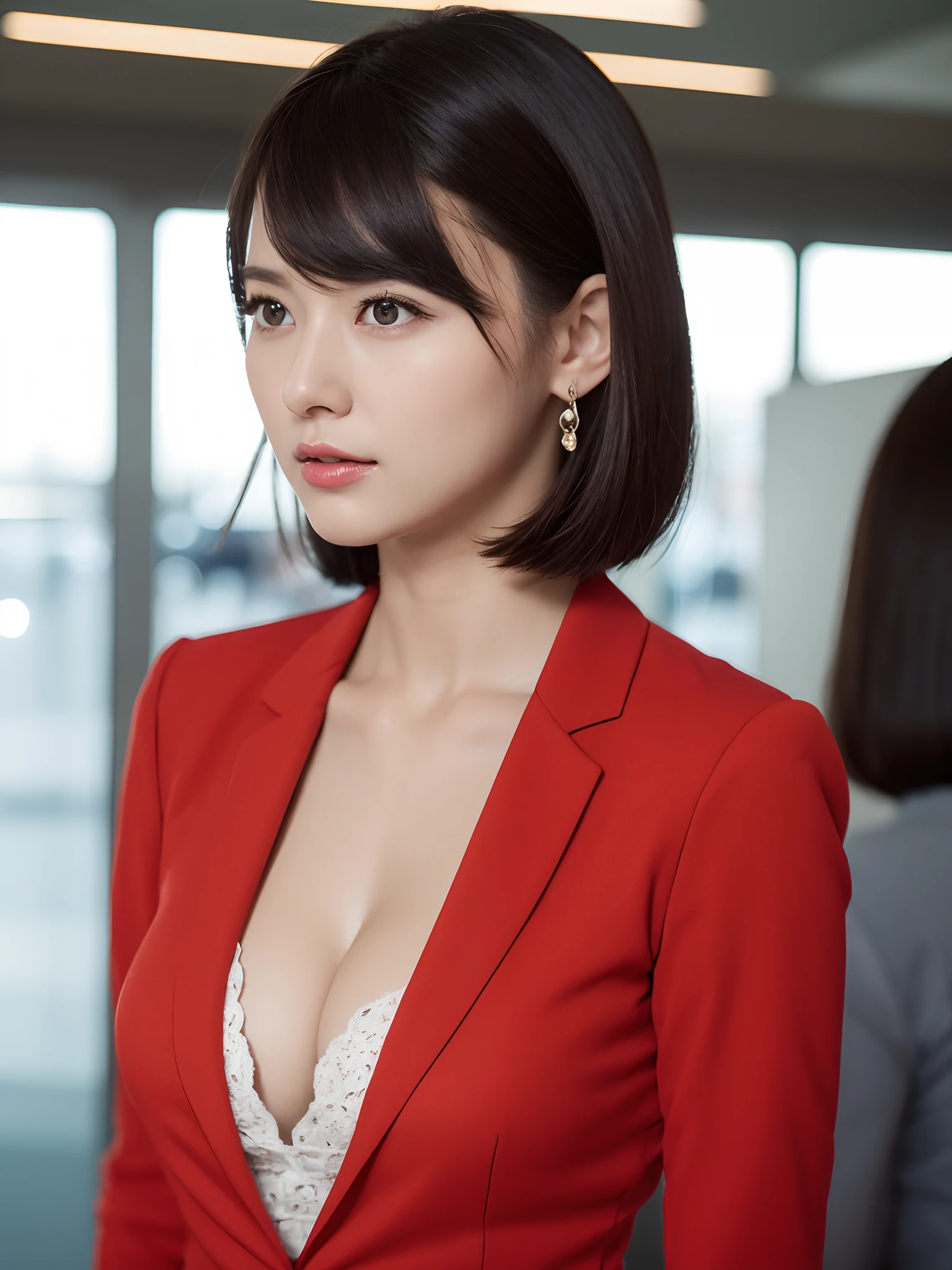 32k, raw photo, best quality, realistic, photorealistic:1.2, ultra detailed, BREAK,, 1girl:1.2, solo:1.2, 22yo:1.3, cabin crew, flight attendant, standing, in airport, clear and beautiful, Perfect face, Detailed eyes, Black hair, short hair, Huge breasts:1.4, Narrow waist, (stewardess), cleavage:1.4, realistic human skin, skin texture, looking at viewer, light on face, bokeh, (perfect body shape), (slim), full body, realistic skin texture
