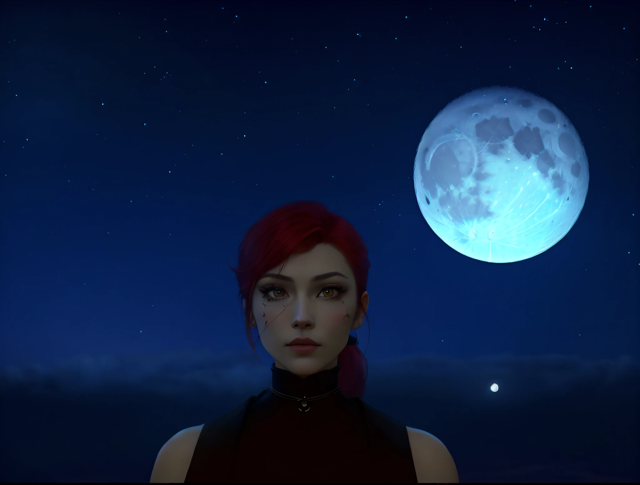 there is a woman standing in front of a full moon, in front of a pale full moon, in front of a big moon, in front of a full moon, moons in background, in front of the moon, during a blood moon, second life avatar, (moon in the background), nighttime moonlit, detailed crimson moon, with full moon in the sky red haired pretty woman,  short and low ponytail, two heavy scars across right eye (starting from top of eye), white eyes, black cloth top, portrait, medieval times, drop shadow, wide shot, high detail, anatomically correct, masterpiece, highres, high quality, high details, 8k, retina, textured skin, textured clothes