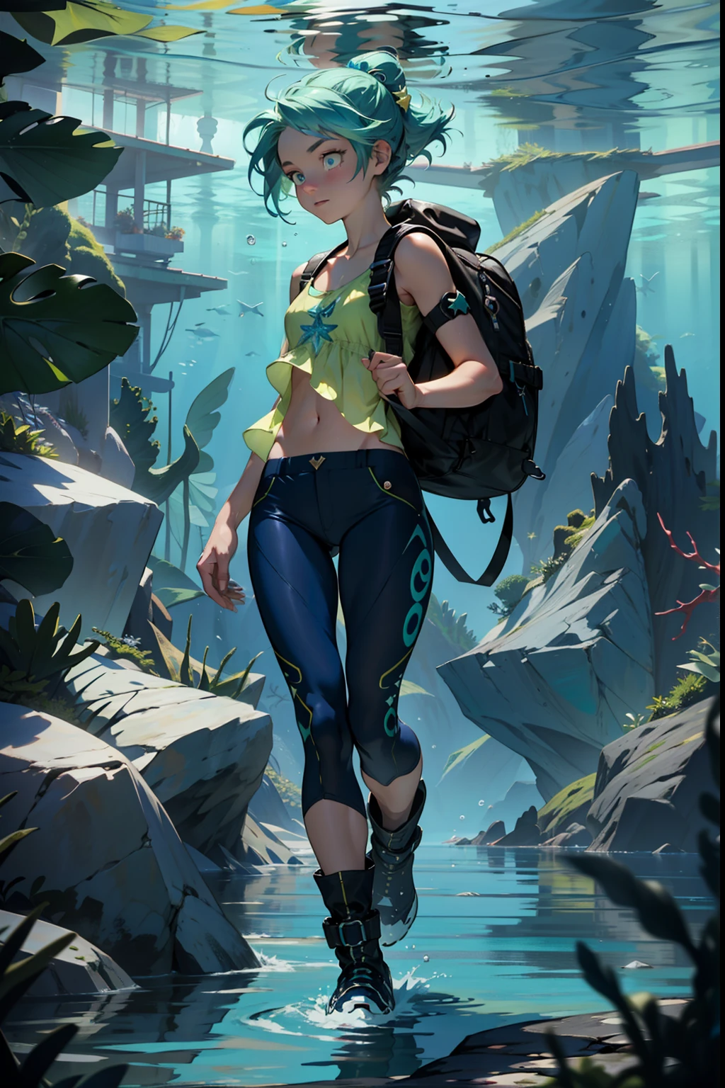 Coraline stands tall, exuding a sense of vitality and adventure. Her wavy, sea-green hair cascades down her back, adorned with delicate seashells and tiny starfish. Her eyes sparkle with shades of azure, reflecting the depths of the ocean. She wears a vibrant aqua tank top, adorned with intricate wave patterns, and fitted navy blue pants that allow for easy movement during her aquatic endeavors. On her feet, she sports sleek water-resistant boots, perfect for exploring the shores and diving into the sea. Coraline carries a waterproof backpack, filled with all her essentials for her underwater expeditions. full body art