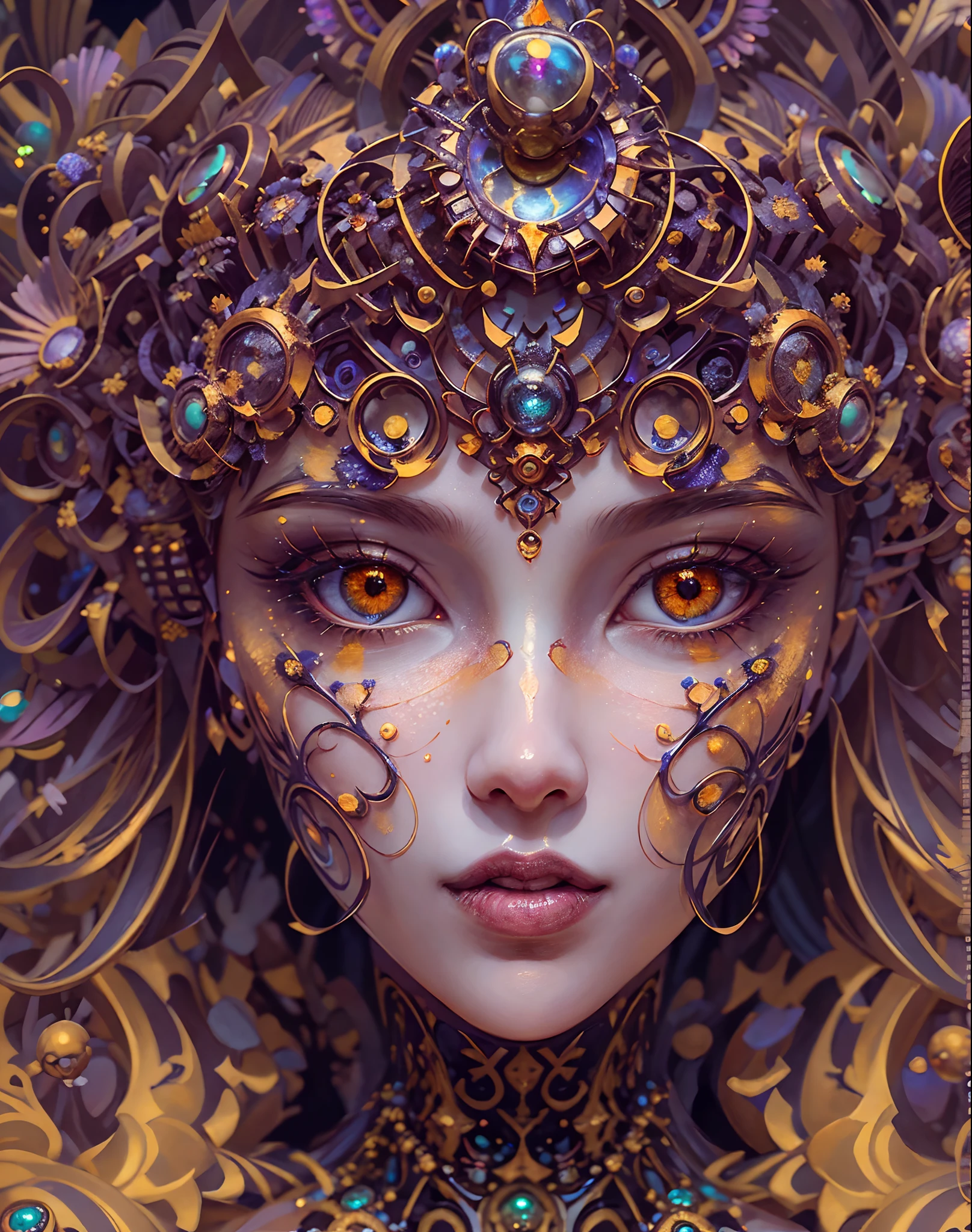 （best qualtiy，ultra - detailed，Most Best Illustration，Best shadow，tmasterpiece，A high resolution，professionalartwork，famousartwork），Detailed eyes，beautidful eyes，closeup cleavage，sci-fy，colored sclera，Orange Eye color, Robot eyes，face markings，Tattooed with，（fractalized，Fractal eyes），largeeyes，Wide eyes，（Eye focus），sface focus，Cosmic eyes，Space eyes，Close-up of metal sculpture of a woman with a moon in her hair，goddes。extremly high detail，3 d goddess portrait，Extremely detailed footage of the goddess，a stunning portrait of a goddess，Side image of the goddess，portrait of a beautiful goddess，Full body close-up portrait of the goddess，hecate goddess，portrait of a norse moon goddess，goddess of space and time,