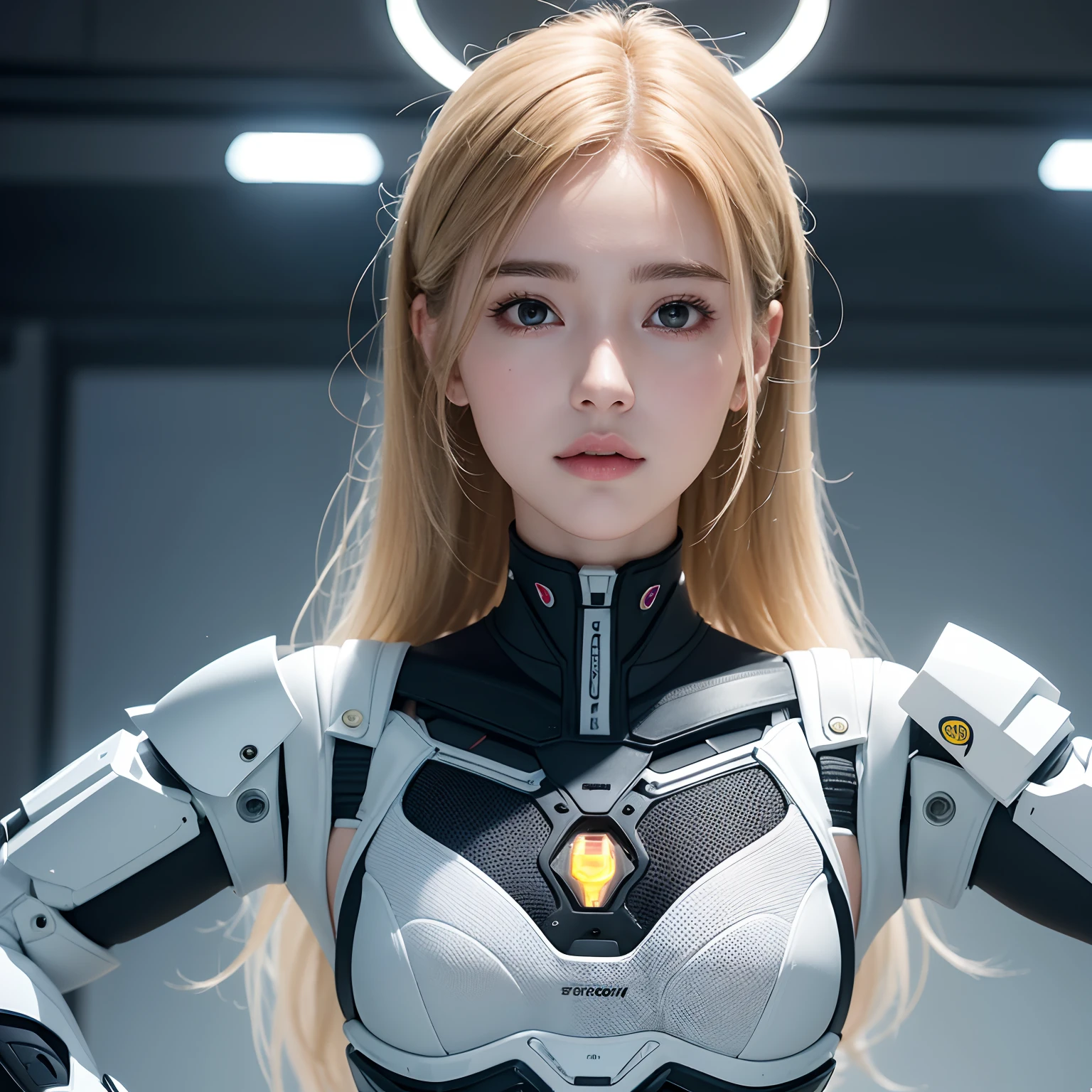 Create an ultra-realistic image depicting a young woman inside an advanced biological exoskeleton. o exoesqueleto deve ter brilho de argila, a cor marrom claro. A jovem deve possuir olhos castanhos deslumbrantes. O rosto da jovem deve transmitir serenidade. Create a background with a lab aesthetic that complements the composition. The image should capture the harmonious fusion between biotechnology and beauty, evoking a sense of innovation and elegance.