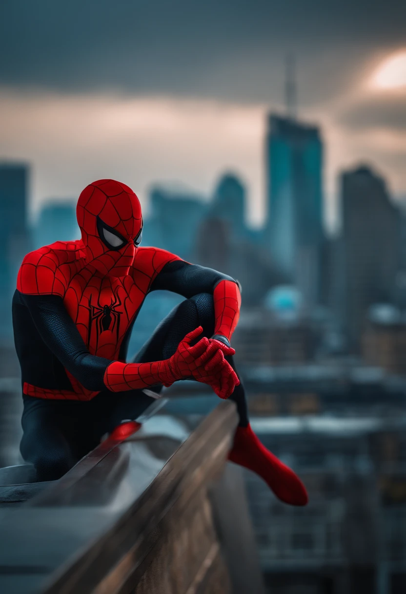 Spiderman standing ontop of the empire state building looking down on NYC as he holds on with one arm, cinematic, dramatic light, golden hour, haze