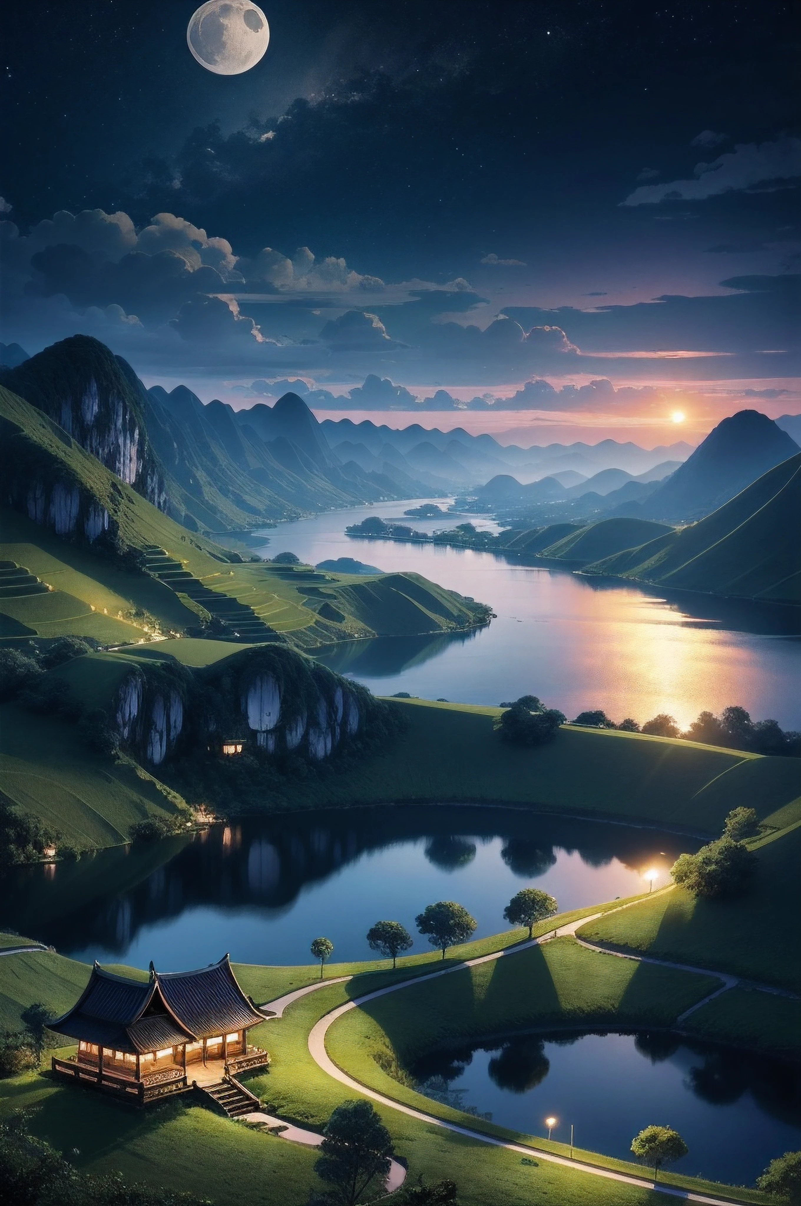 night scene with some house asian, vietnam, viet nam, ha giang, moon, lake in the foreground, calm night, green and blue, digital illustration, 4k highly detailed digital art, night scenery, anime art wallpaper 4k, anime art wallpaper 4 k, 4k detailed digital art, nighttime nature landscape, anime art wallpaper 8 k, background artwork, beautiful art uhd 4 k, 4 k hd illustrative wallpaper