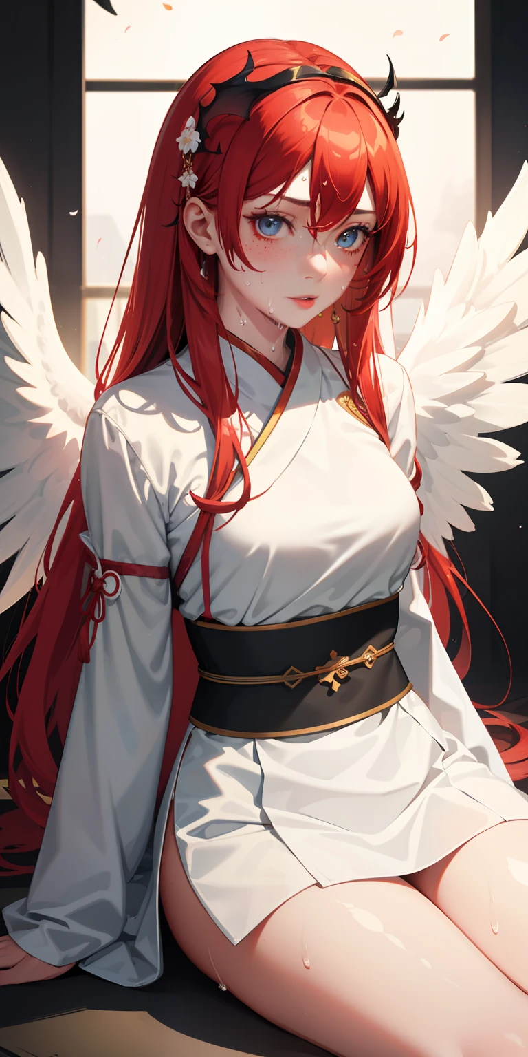 1girl, (hanfu), glowing, sidelighting, wallpaper, maid knight, maid, knight, gothic fashion, gothic, dark clothes, female, fire angel, fire, angel, demon, red, red hair, pale skin, pale, green eyes, freckles, phoenix wings, fire wings, angel fire wings, angel wings, wings, one character, one face, one person, only one individual, only one character, only one person, only one face, absurd, masterpiece, best quality, realistic, hyper-detailed, (shiny skin, sweaty:1.4), slender, looking at viewer, 1girl, solo, tennis wear, white polo shirt, white sneakers, white miniskirt, long hair, silver hair, blue eyes, (thick thighs:0.5), dynamic lighting, high resolution, sharp focus, depth of field, small breasts