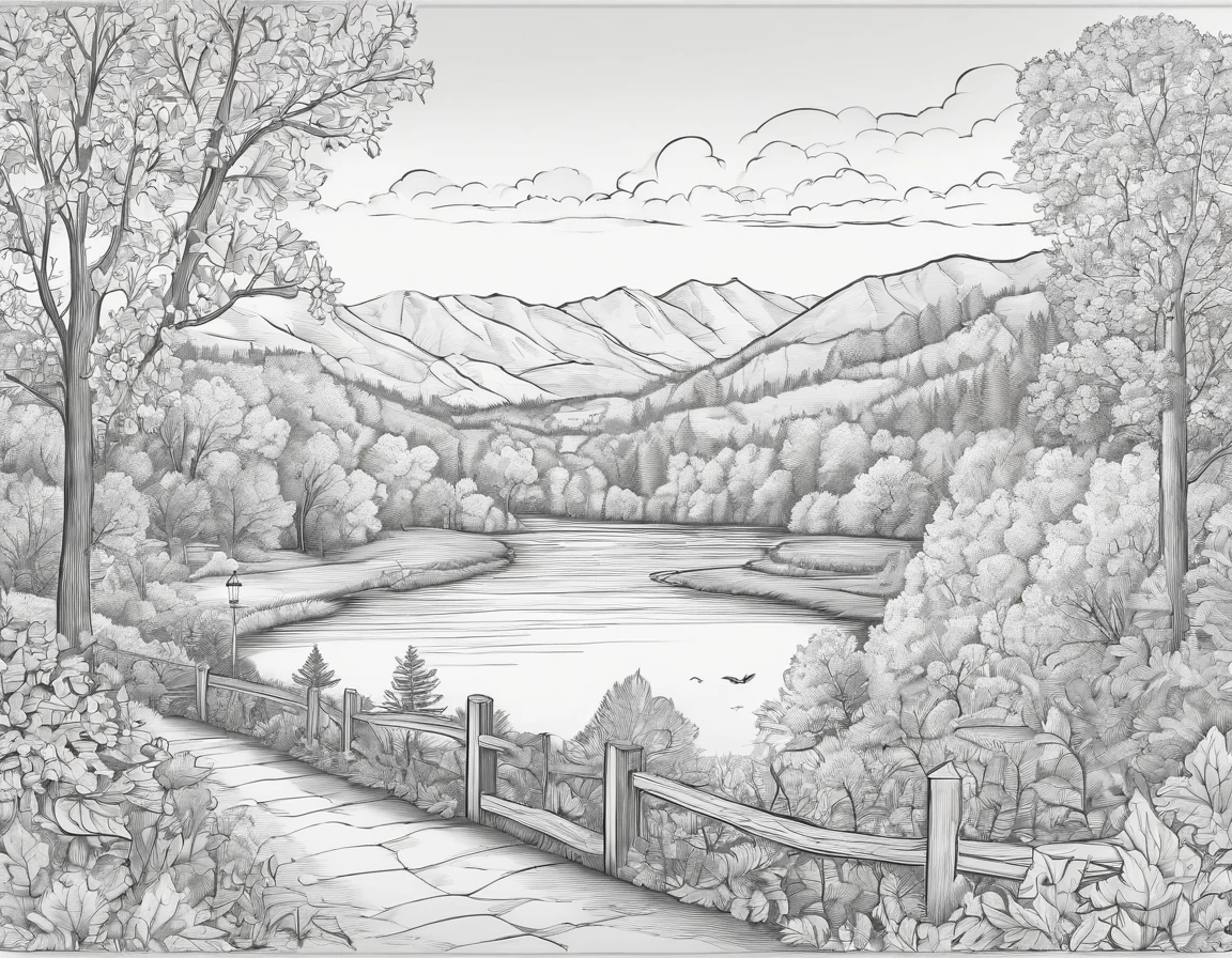 Autumn,Stunning views,coloring page,black and white,cartoon style
