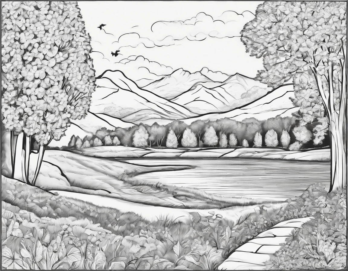 Autumn,Stunning views,coloring page,black and white,cartoon style