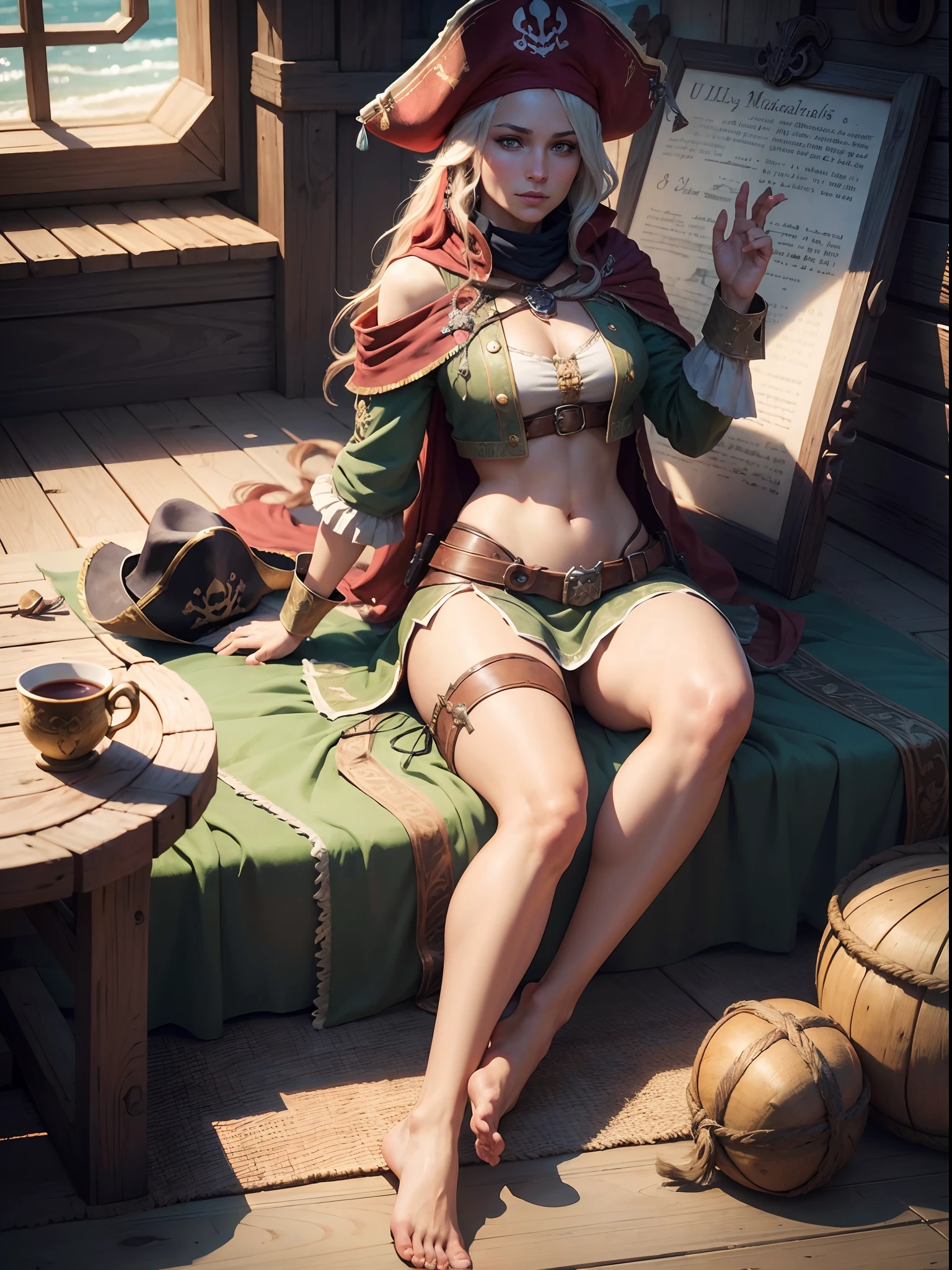 (masterpiece) , ((best quality)), (( 8k wallpaper)), ((ultra high resolution)), good composition, (ultra-detailed), beautiful, Laid on stomach , pirate girl laid on the round table, inside the ship cabin, barefoot, colorful parrot at her feet, colorful feathers in the air , bare soles, no shoes, foot focus , ample light, vibrant colors, pirate hat, long hair , vox machina style,  dragonage style, piratepunkai