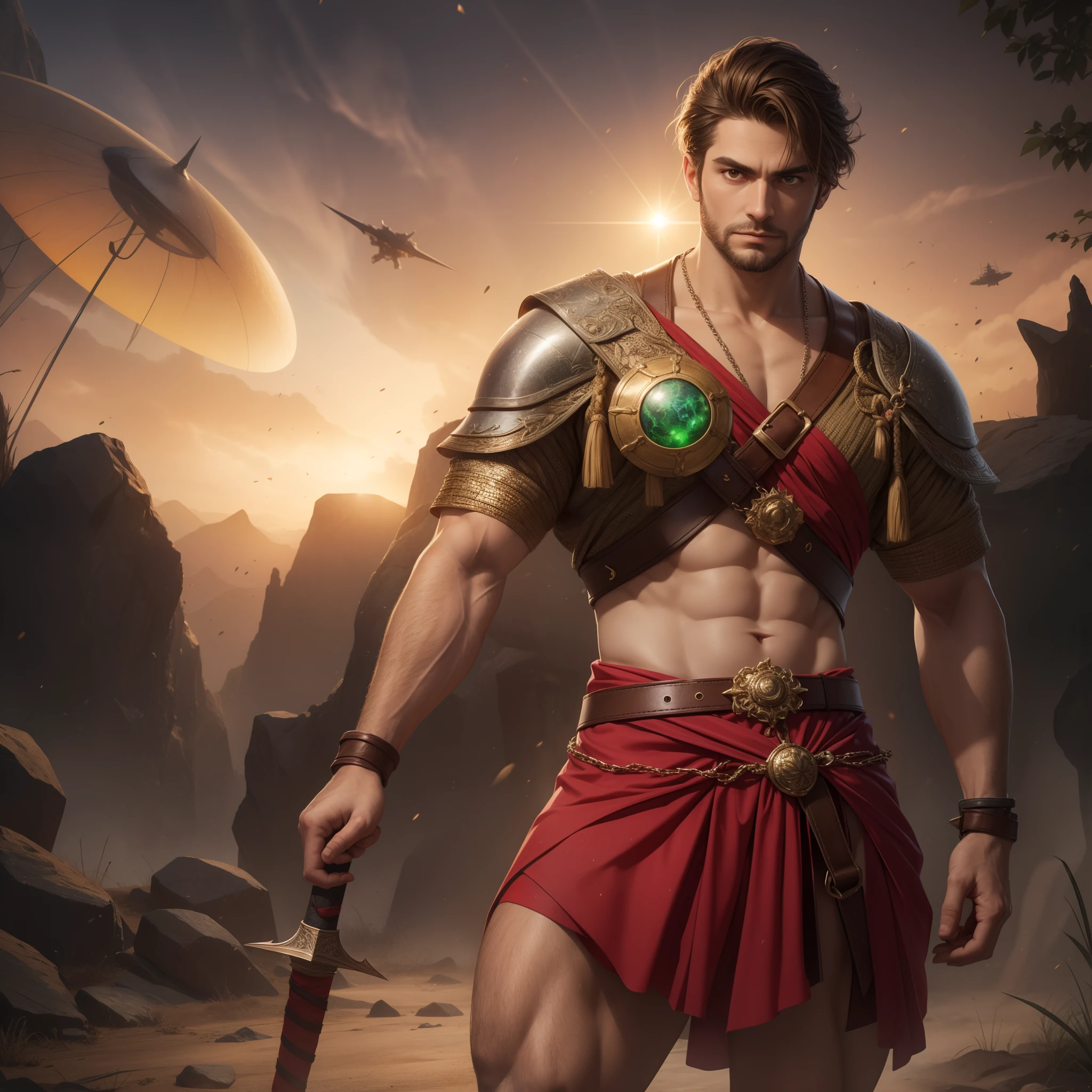 Portrait of 1man, muscular, Caucasian, tanned skin, (long shoulder-length brown hair), pointed brown beard, brown eyes, wearing belt, wearing red loincloth, wearing chainmail shirt, ((bare legs)), wearing sandals, alien planet with 1 large red sun and 1 small green sun), dramatic stance, holding sword hilt, looking at viewer, bokeh, raytracing, realistic textured skin, particle effects, depth of field