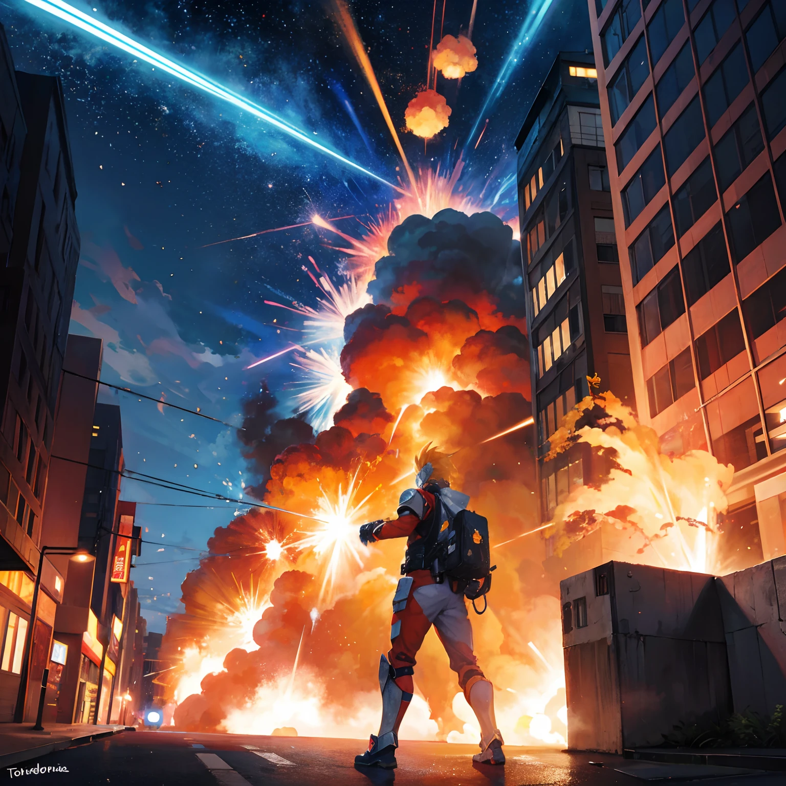 Background with、big explosion、Street、Tokusatsu style、Hero Explosion