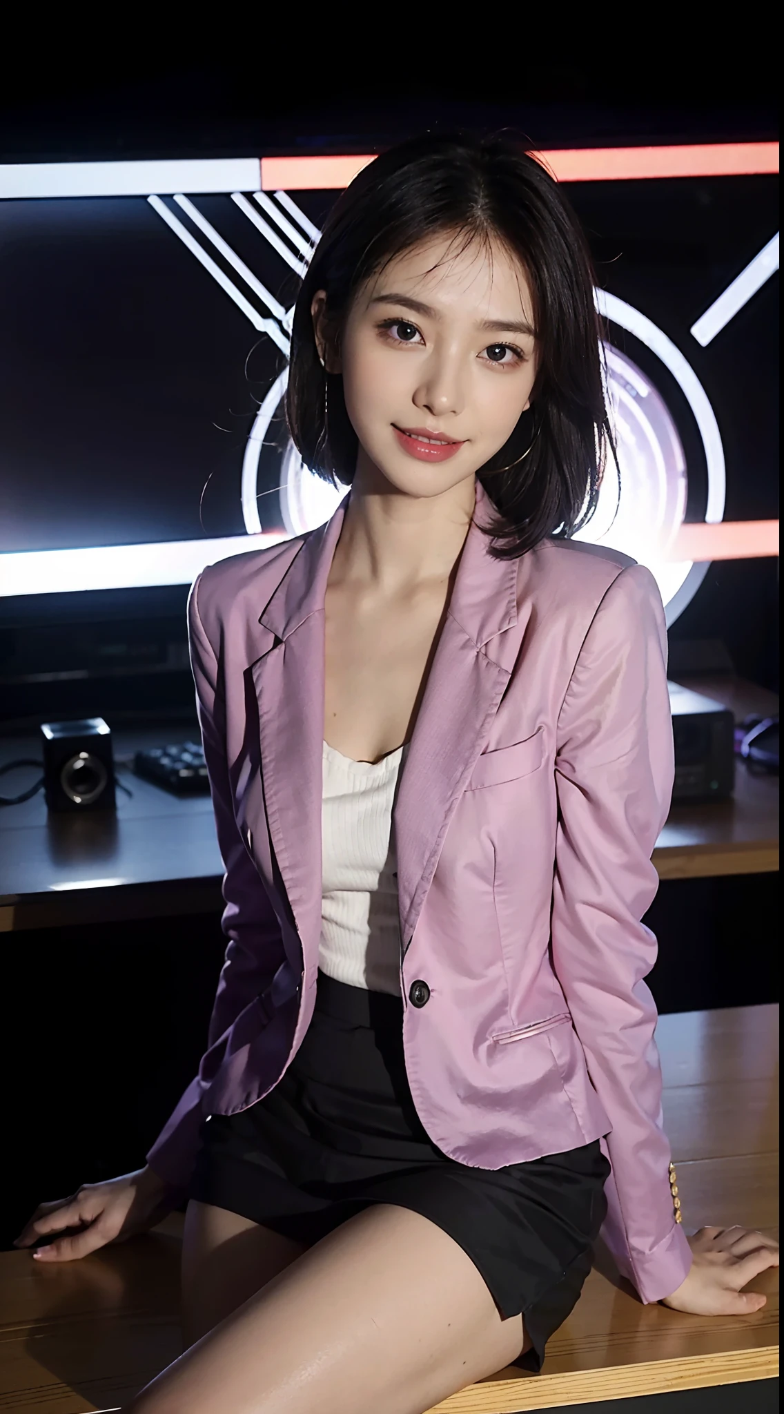 8K,masterpiece,best quality,TV programs, news programs, presenters in the host broadcast news, broadcast halls, sitting upright on the chair behind the table,The table is in front of the girl,There are instruments and equipment on site, large screen,microphone on the table,A girl,Extremely detailed facial details,shoulder length black straight short hair, Wearing earphone in one ear,smile,happy,light purple blazer and skirt set,shirt,small breasts,slim, thin,Black stockings, high heels,close shot,Broadcasting in progress,Holding the manuscript in hand,cowboy shot,Directly facing the camera,front front,upper body
