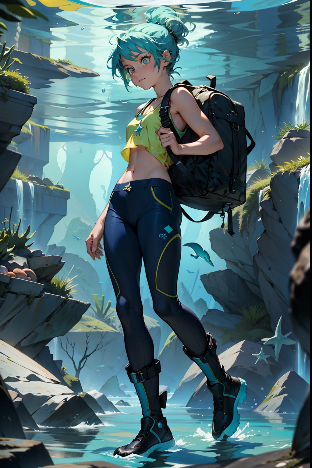 Coraline stands tall, exuding a sense of vitality and adventure. Her wavy, sea-green hair cascades down her back, adorned with delicate seashells and tiny starfish. Her eyes sparkle with shades of azure, reflecting the depths of the ocean. She wears a vibrant aqua tank top, adorned with intricate wave patterns, and fitted navy blue pants that allow for easy movement during her aquatic endeavors. On her feet, she sports sleek water-resistant boots, perfect for exploring the shores and diving into the sea. Coraline carries a waterproof backpack, filled with all her essentials for her underwater expeditions. full body art