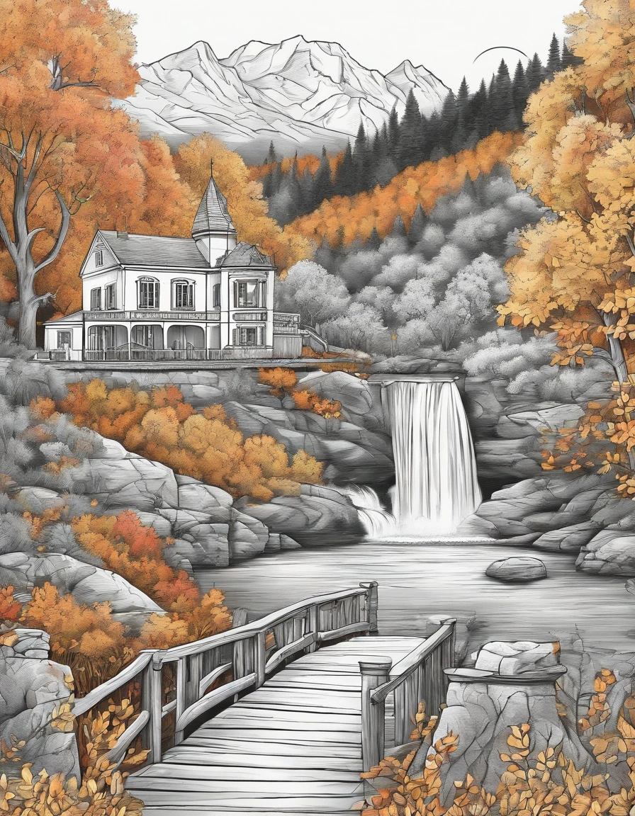 Autumn,Stunning views,coloring page,black and white,cartoon style