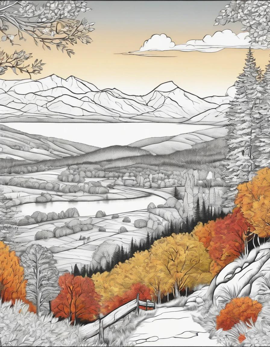 Autumn,Stunning views,coloring page,black and white,cartoon style