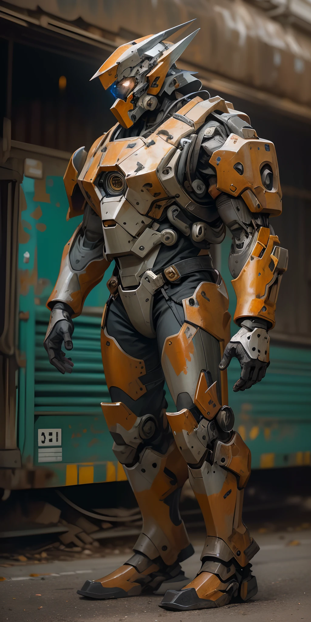 Portrait photo of an alpha male, perfect eyes, in a worn mecha suit, intricate, (steel metal [rust]), elegant, sharp focus, photo by greg rutkowski, soft lighting, vibrant colors, masterpiece, ((streets)), cowboy shot, dynamic pose,