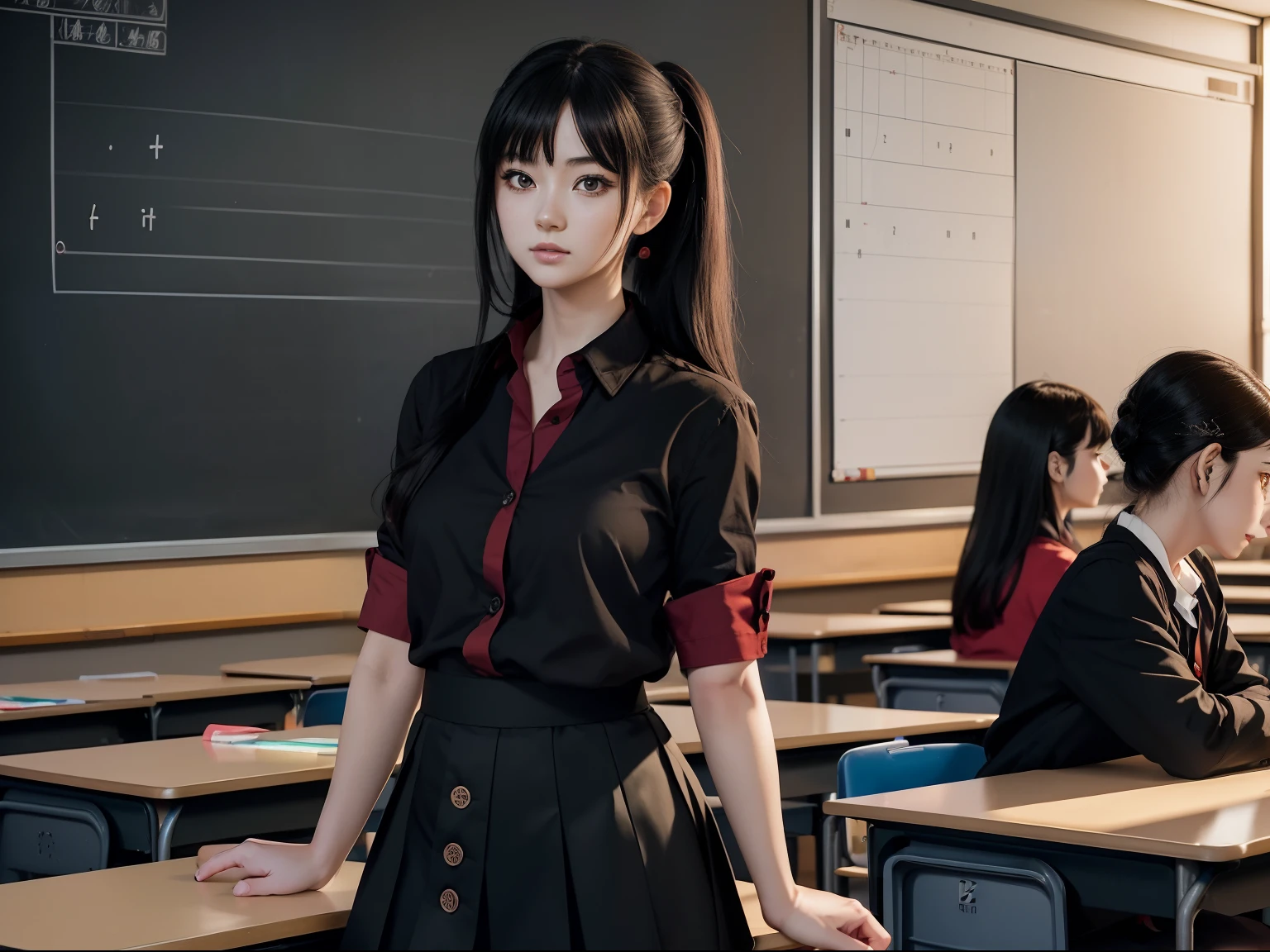 (Anime style image), (a 25 years old woman as a teacher:1.4), (teaching students in kindergarten class about drawing:1.4), (looking at camera:1.2), (friendly and beautiful appearance), pale skin, (long ponytail black hair), (wearing red loose button shirt and black skirt:1.4), (tables and chalkboard with drawings background), (chiaroscuro lighting:1.2), intricate face detail, intricate hand details, hyper realistic, high detail, cinematic--style raw