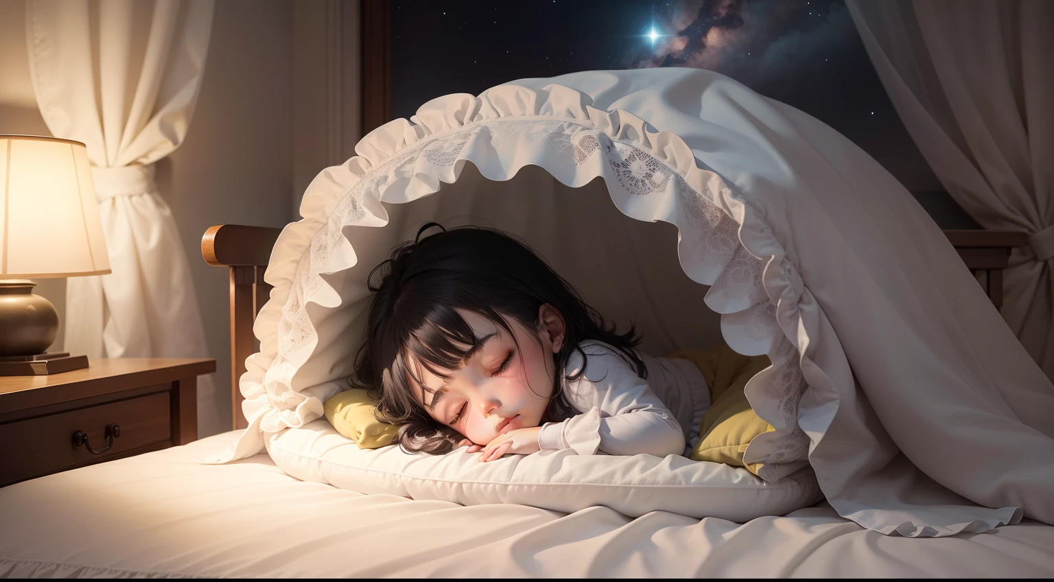 Generate a high-resolution, detailed image of a peaceful and heartwarming scene. In this image, depict a sleeping soundly in a cozy crib. The crib should be adorned with soft blankets and plush toys, providing a sense of security. The room should be bathed in a warm, gentle light, simulating the soft glow of moonlight filtering through curtains. The background should showcase a serene night sky filled with stars, creating a magical and comforting ambiance. The child should a peaceful slumber, surrounded by a dreamy atmosphere that encourages a sense of wonder and tranquility. The image should be filled with warm, comforting colors that evoke a sense of safety and contentment