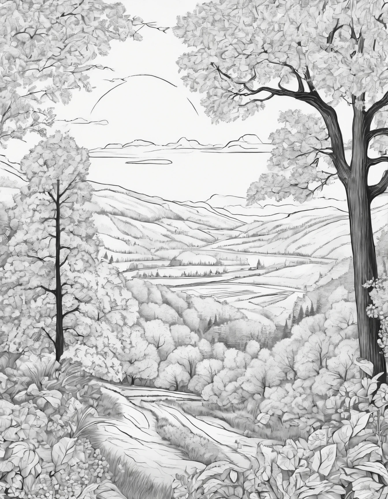 Autumn,Stunning views,coloring page,black and white,cartoon style