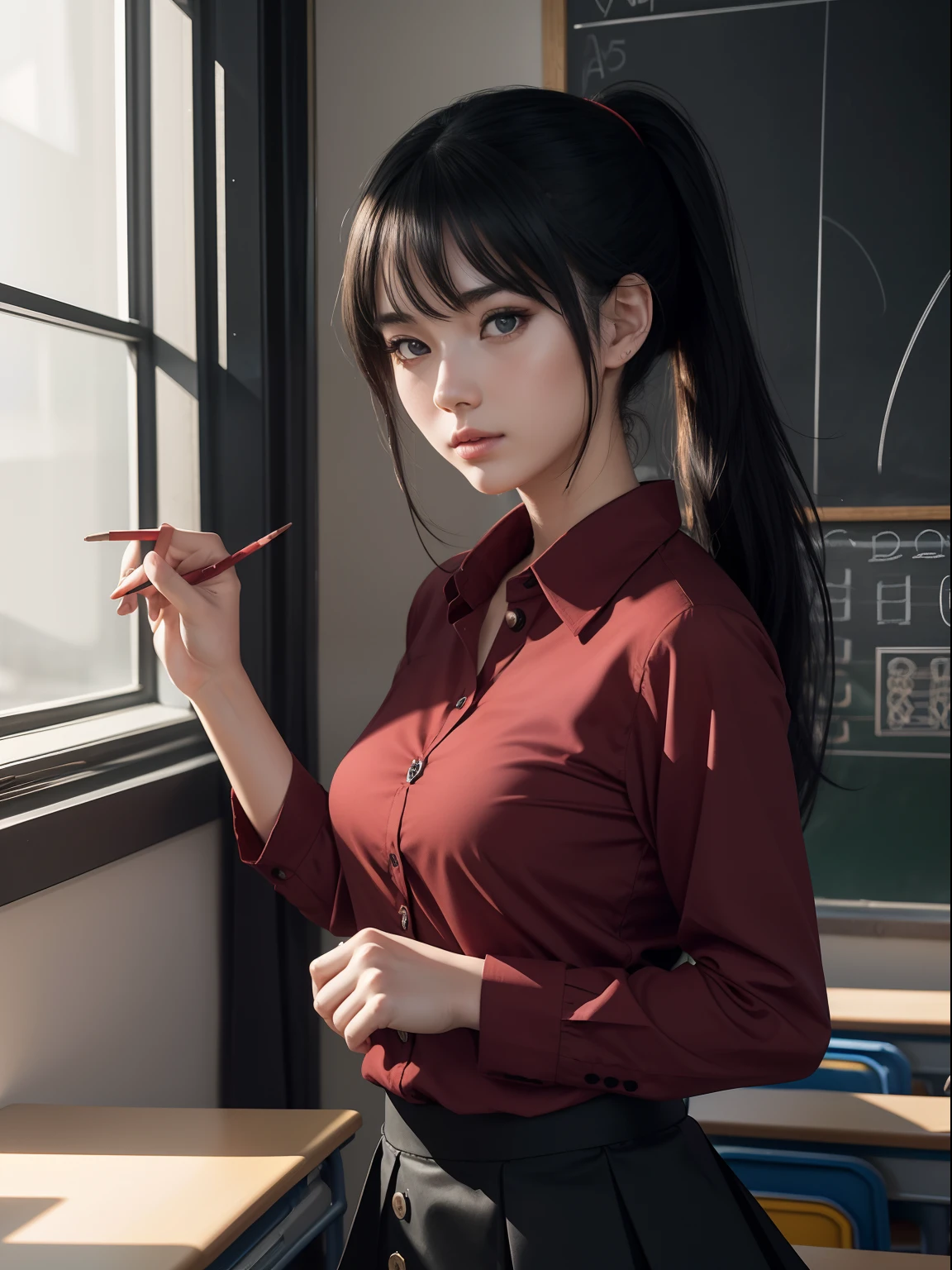 (Anime style image), (a 25 years old woman as a teacher:1.4), (teaching in  about drawing:1.4), (looking at camera:1.2), (friendly and beautiful appearance), pale skin, (long ponytail black hair), (wearing red loose button shirt and black skirt:1.4), (tables and chalkboard with drawings background), (chiaroscuro lighting:1.2), intricate face detail, intricate hand details, hyper realistic, high detail, cinematic--style raw