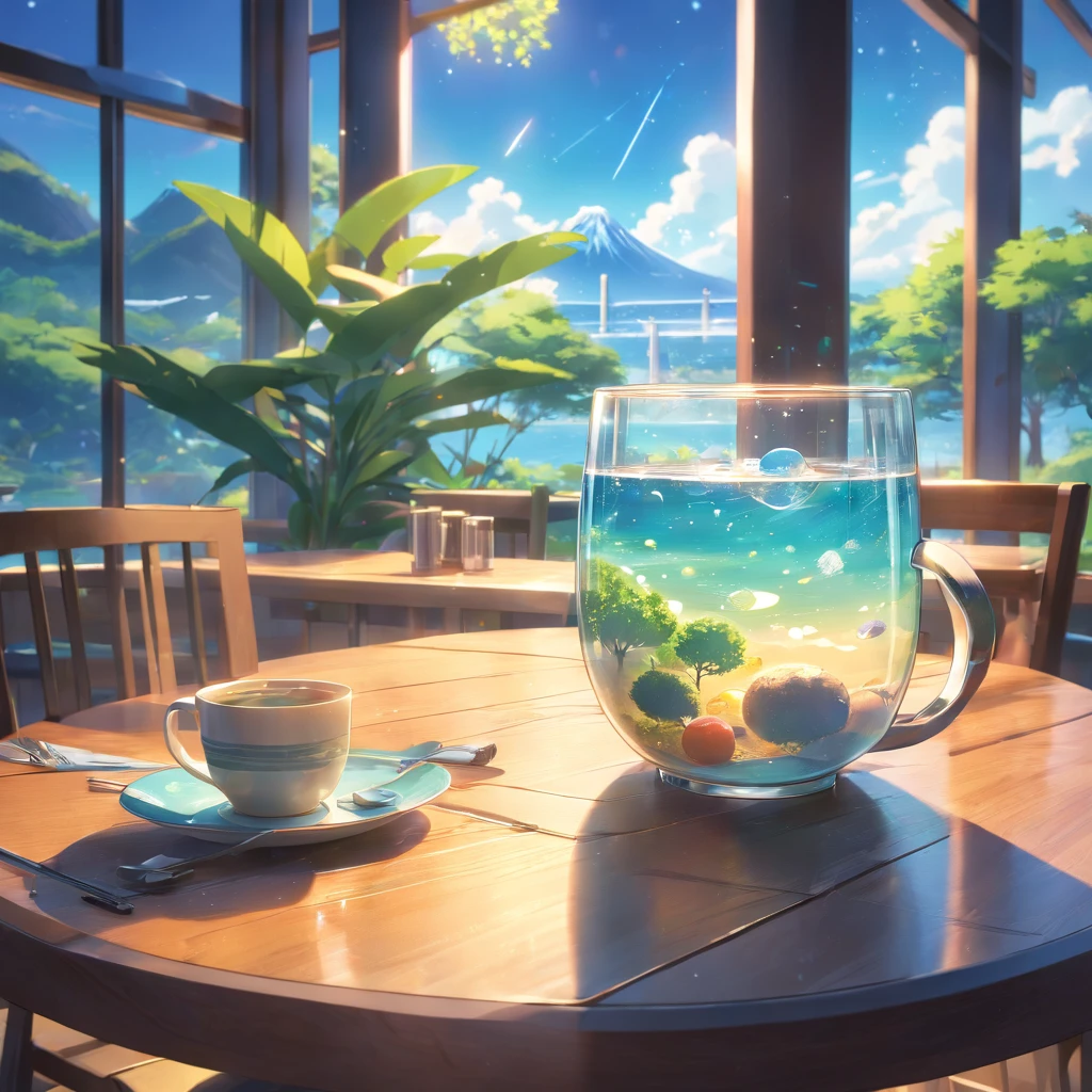 The universe in a cup, The whole universe exists inside a glass., Planets and galaxies in a glass, Wooden dining table, super realistic, hyper detailed, dramatic lighting, 4k, ultra hd, Realistic, bright colours, A highly detailed, UHD Drawing, Pen and ink, perfect composition, Beautiful detailed intricate insanely detailed octane make trending on artstation, 8K art photography, photorealistic concept art, soft natural volumetric cinematic perfect light