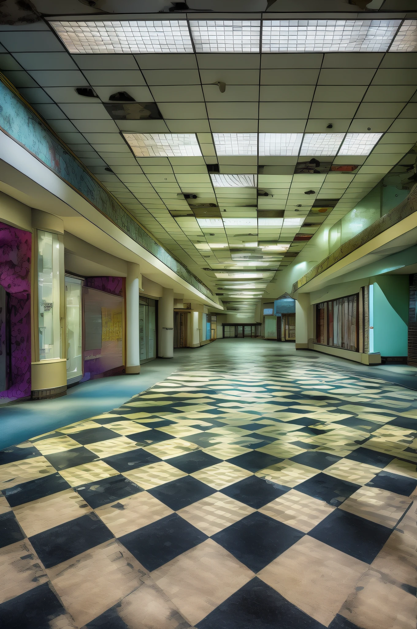 The building has black and white checkered floors, The whole building is colorful、backrooms abandoned mall, Abandoned shopping mall, In an abandoned shopping mall, In an abandoned mall, Abandoned mall in the 1 9 8 0s, Ruined mall at night, Shutter Mall Store, the scary empty liminal spaces, completely empty, Retrofuturist liminal space, Checkered floor