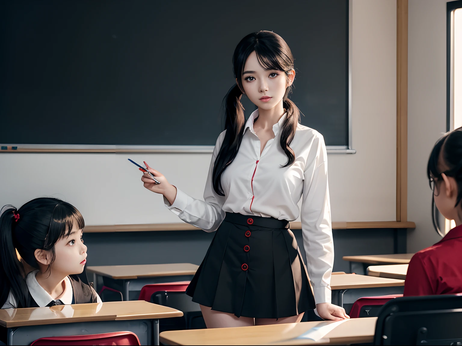 (Anime style image), (a 25 years old woman as a teacher:1.4), (teaching students in kindergarten class about drawing:1.4), (looking at camera:1.2), (friendly and beautiful appearance), pale skin, (long ponytail black hair), (wearing red loose button shirt and black skirt:1.4), (tables and chalkboard with drawings background), (chiaroscuro lighting:1.2), intricate face detail, intricate hand details, hyper realistic, high detail, cinematic--style raw