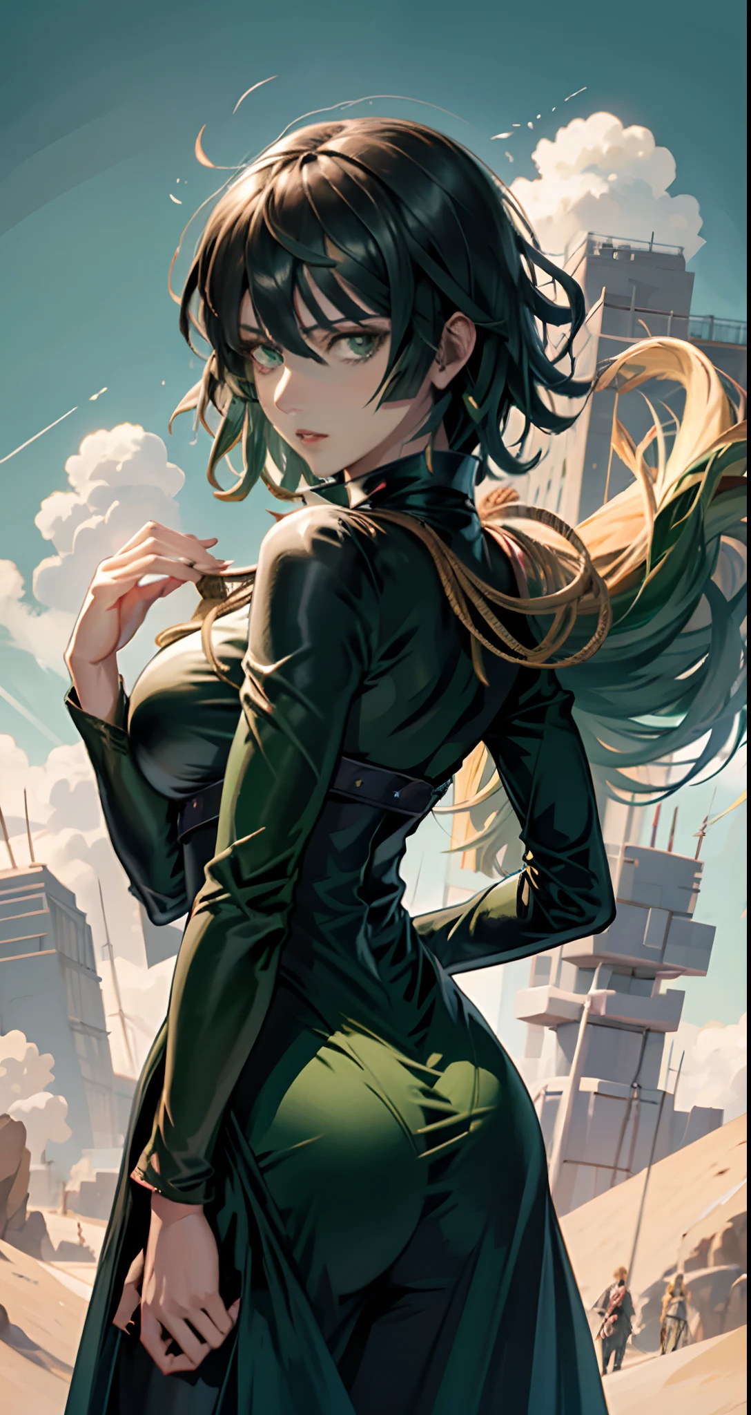 Una mujer con un vestido verde sentada en una repisa, fubuki de One Punch Man, Hermosa chica de anime en cuclillas, Fubuki, Thicc, Ella lleva un vestido verde oscuro,fubuki, peeping from behind, Postura de la espalda, Full growth from behind, Growing from behind, seductora chica de anime, Anime woman