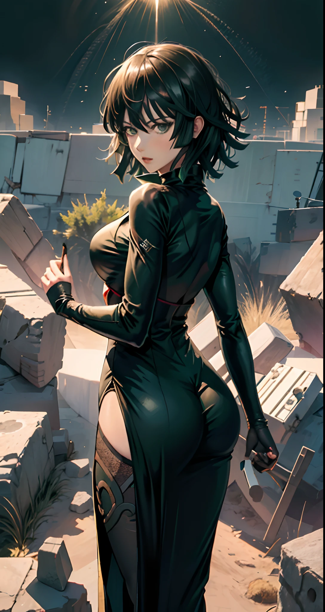 Una mujer con un vestido verde sentada en una repisa, fubuki de One Punch Man, Hermosa chica de anime en cuclillas, Fubuki, Thicc, Ella lleva un vestido verde oscuro,fubuki, peeping from behind, Postura de la espalda, Full growth from behind, Growing from behind, seductora chica de anime, Anime woman