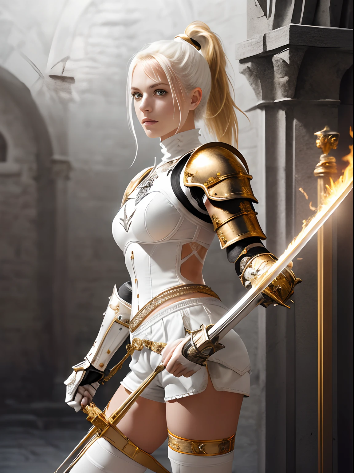 ((American photo)), 1 young woman in ((white gothic knight armor)) with ((gold trims)), helmet, (((very tight white))) (((mini-shorts))), a small tattoo on her thigh, blonde, high ponytail, beautiful, in a castle, holding a large sword, high details, realistic, light of hero, fire background, cinematic color grade