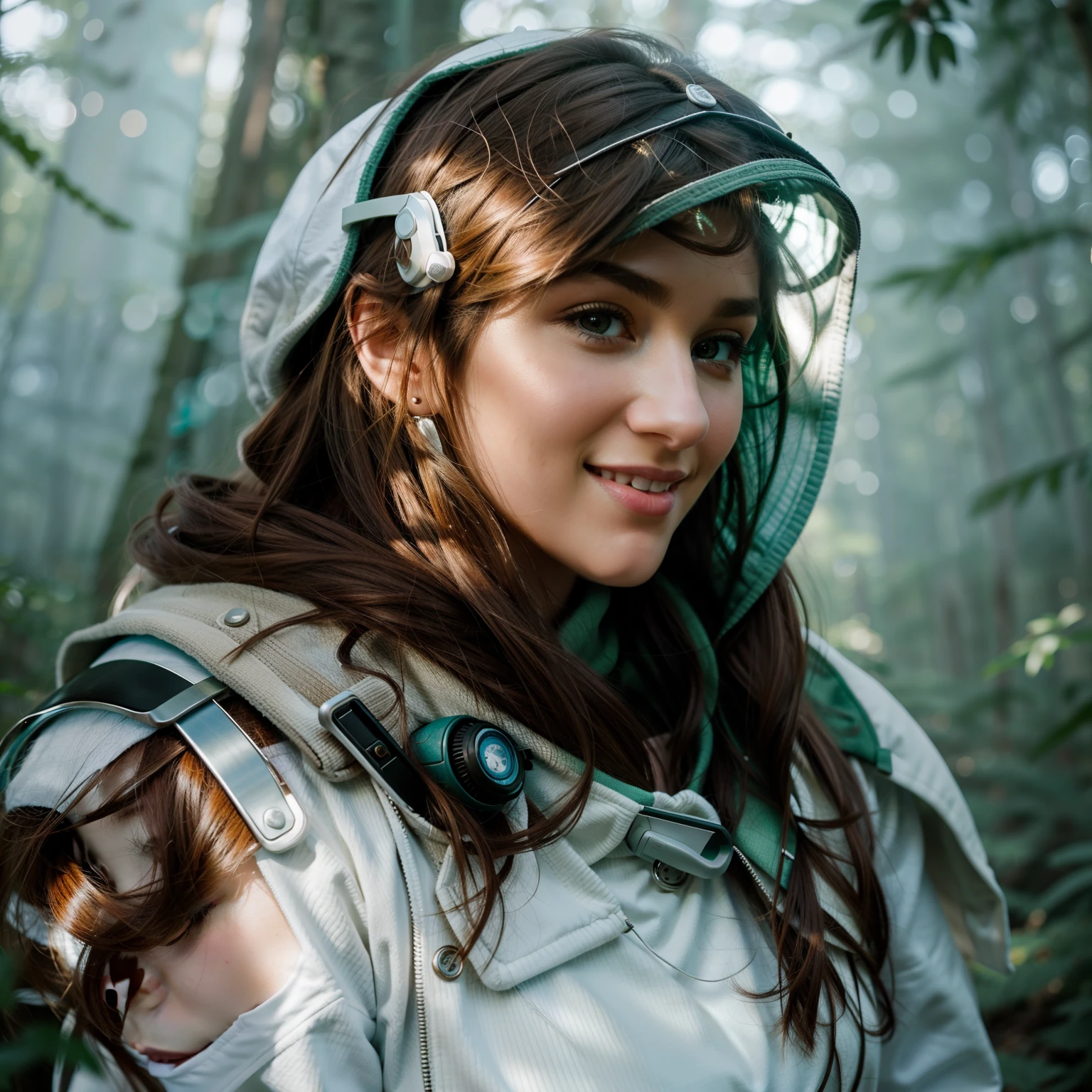 a close up of a woman with long brown hair and a white top and hoody, realistic cute girl, masterpiece,. amazing photography, sci-fi, in a forest